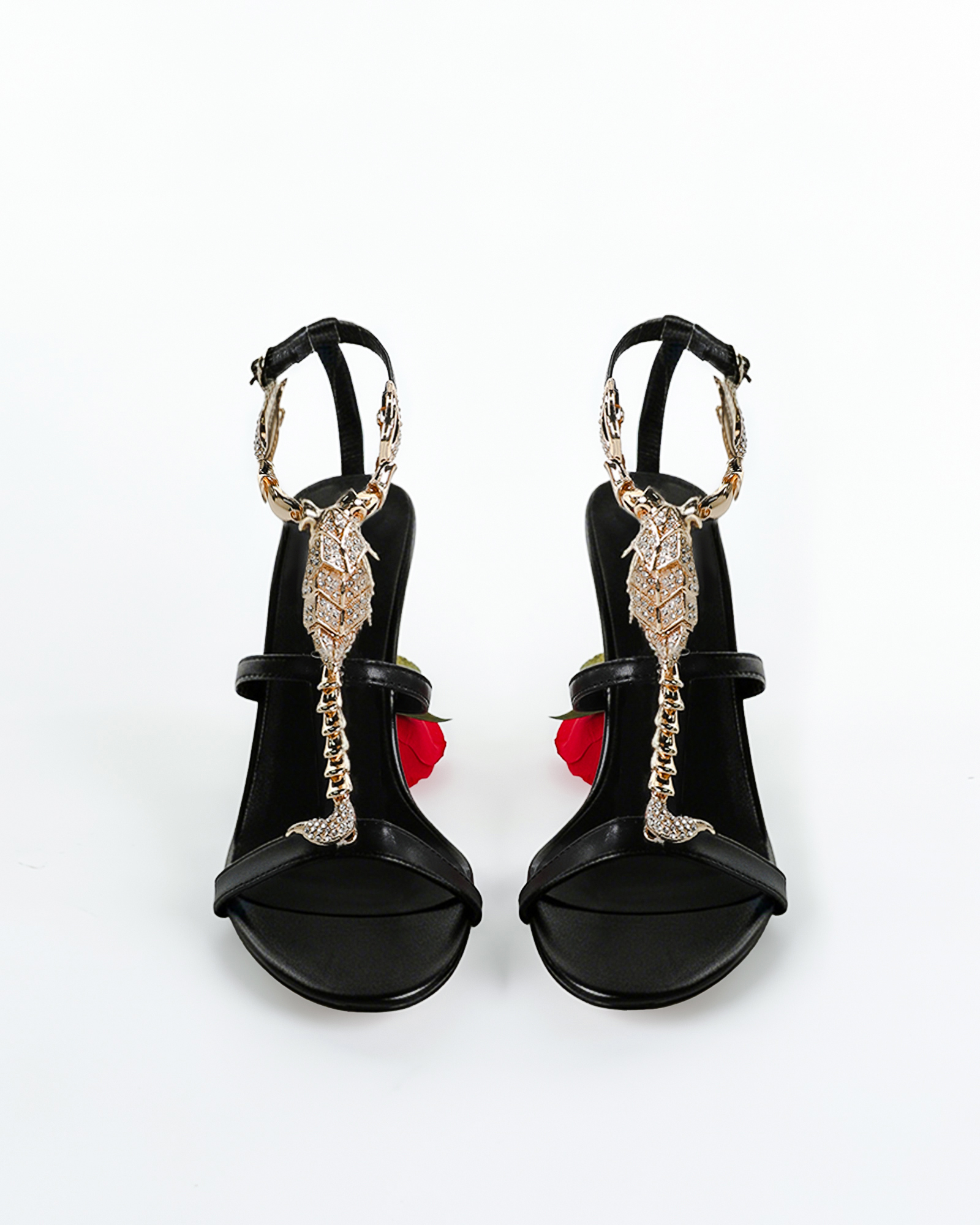 Pia Rhinestone Scorpion Strap Flower Heels In Black