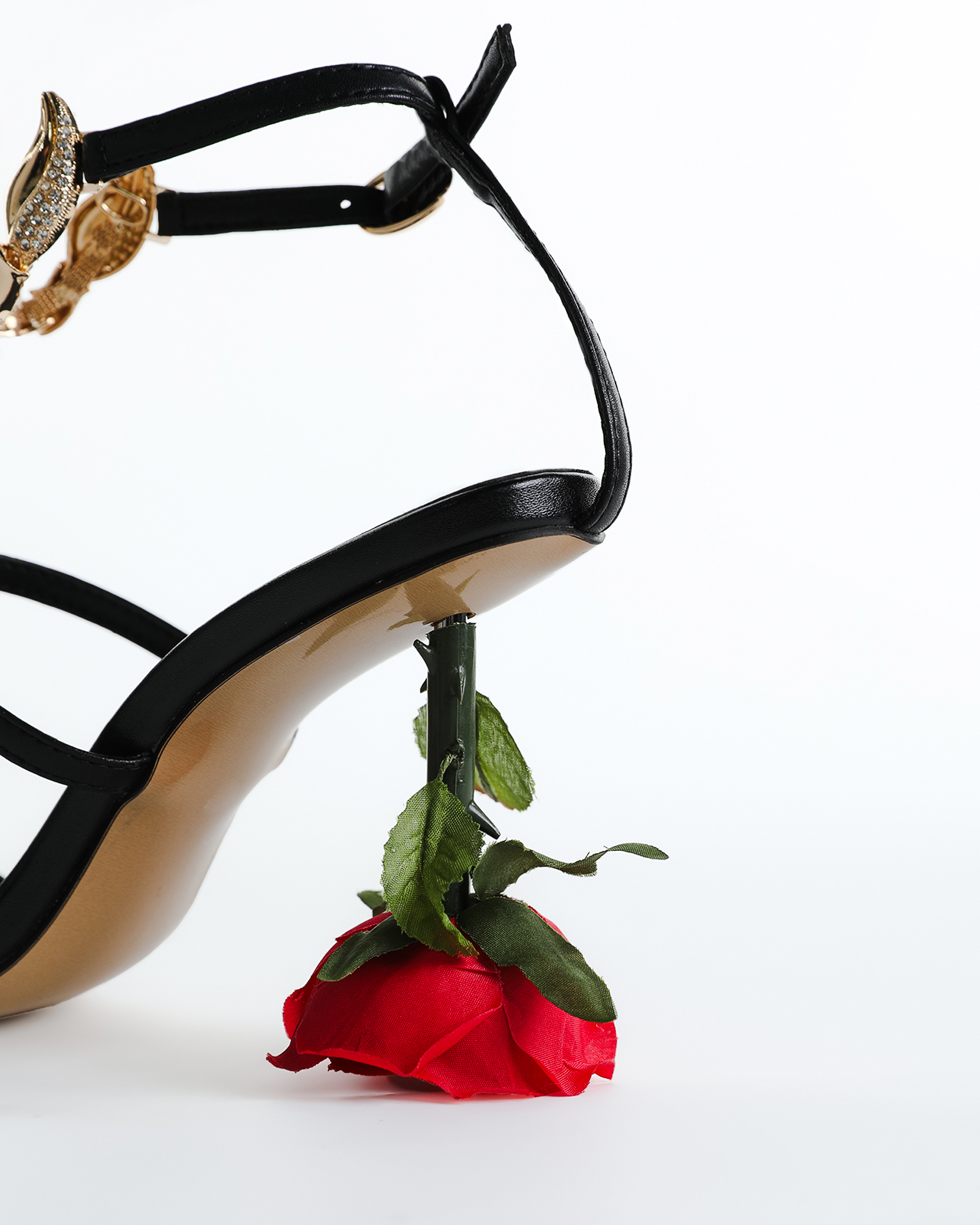 Pia Rhinestone Scorpion Strap Flower Heels In Black