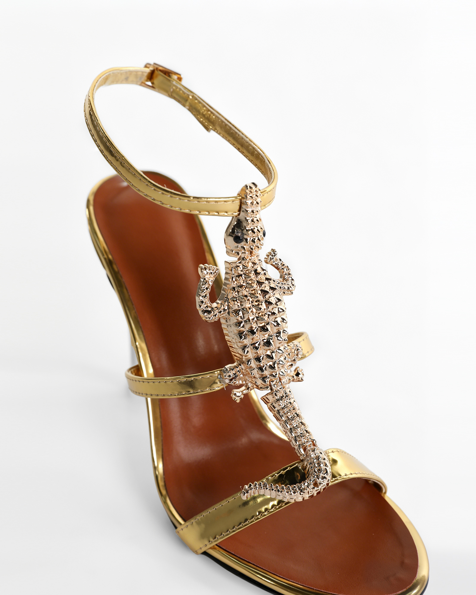 Pia Rhinestone Crocodile Strap Sandals In Gold