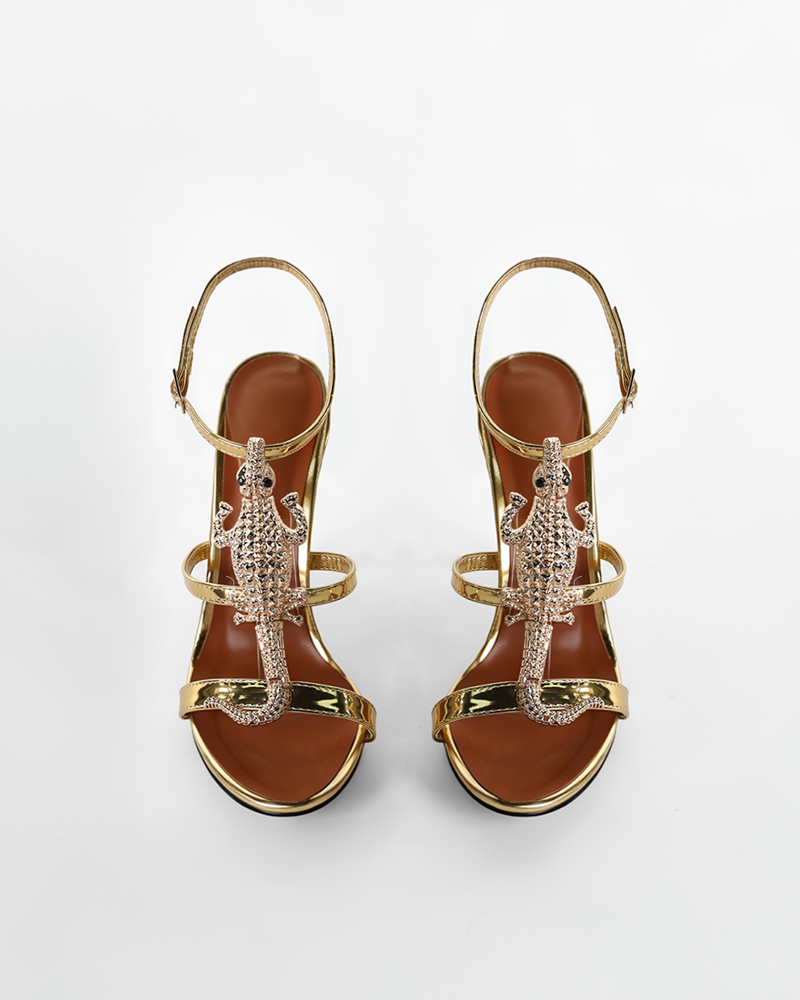 Pia Rhinestone Crocodile Strap Sandals In Gold