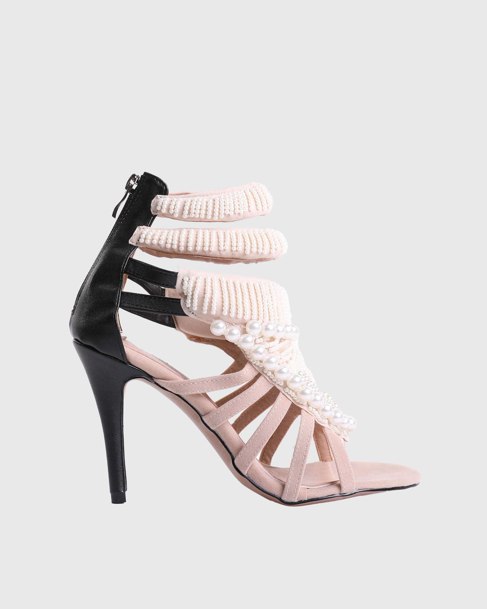 Edith Pearl Embellished Strap Sandals In Black And Beige