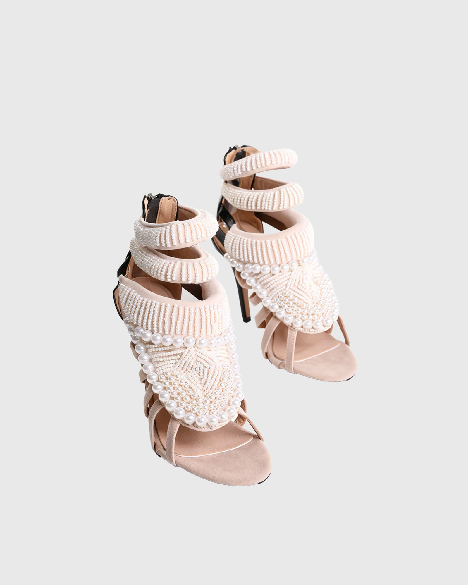 Edith Pearl Embellished Strap Sandals In Black And Beige