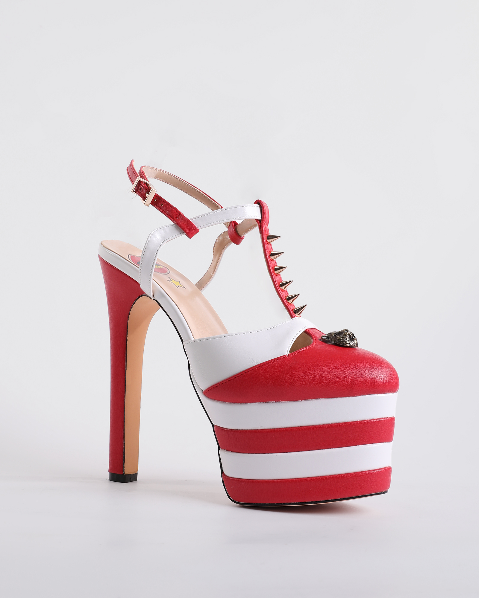 Dionisia Vintage Stripe Rivet Strap Platform Heels In Red