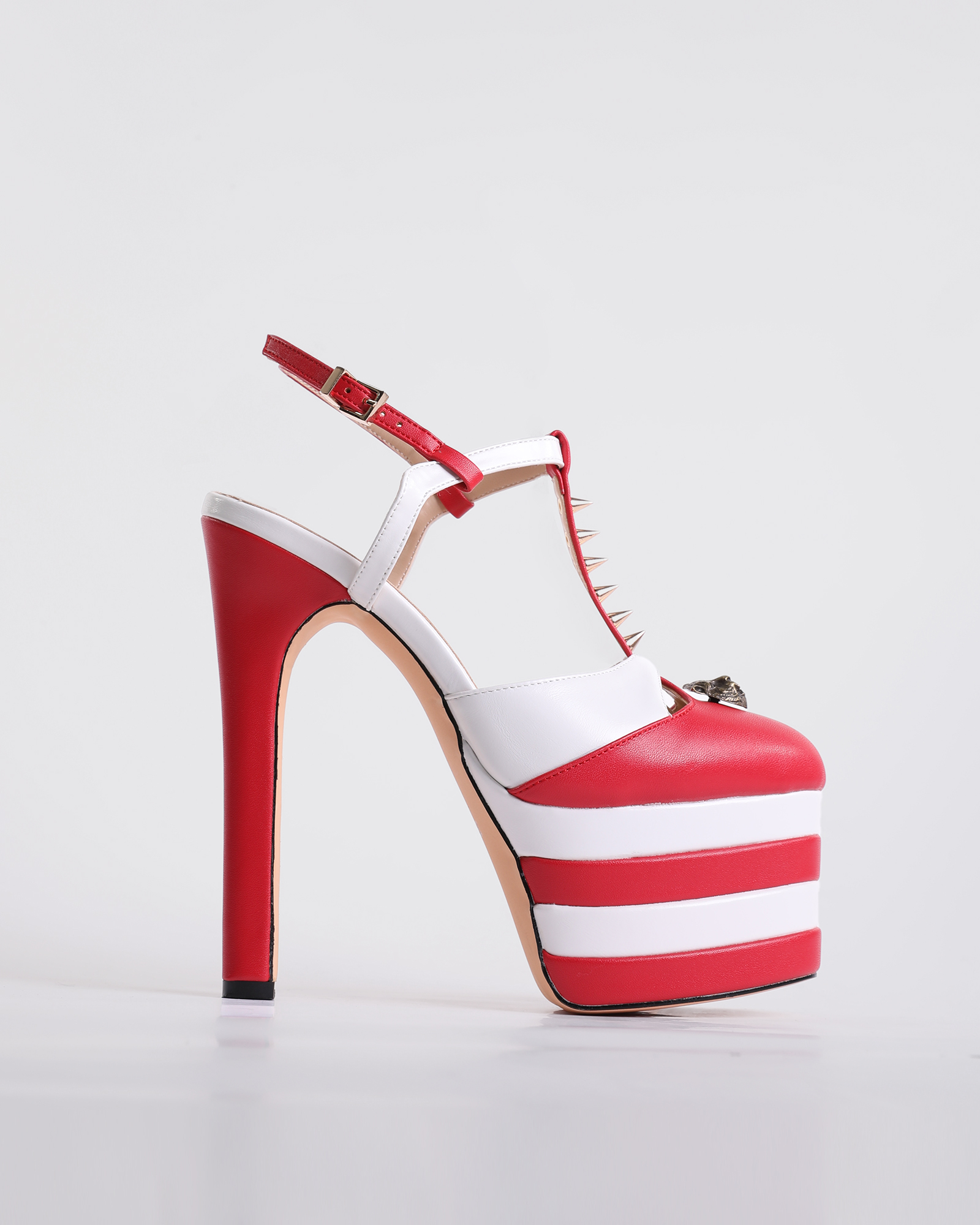 Dionisia Vintage Stripe Rivet Strap Platform Heels In Red