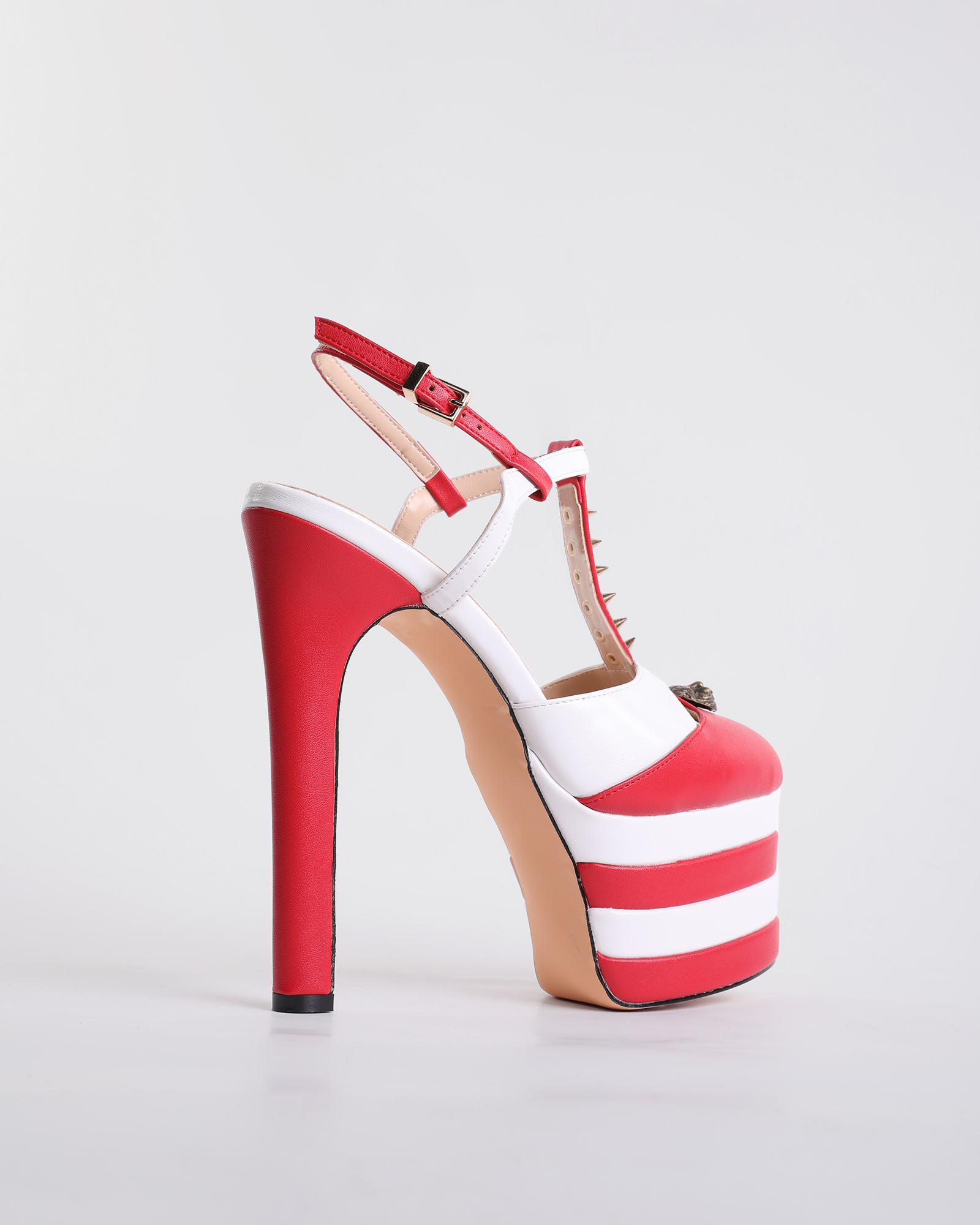 Dionisia Vintage Stripe Rivet Strap Platform Heels In Red