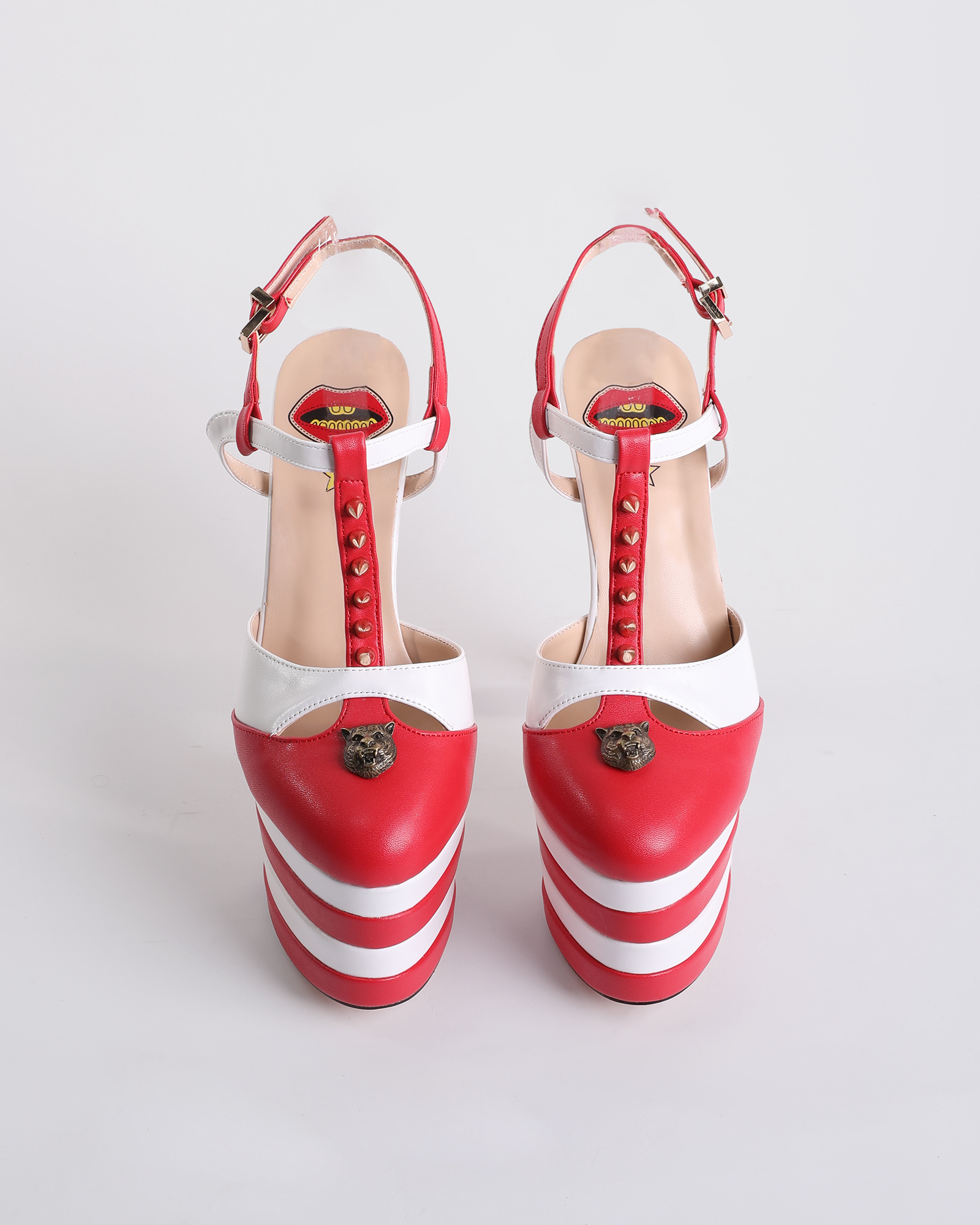 Dionisia Vintage Stripe Rivet Strap Platform Heels In Red