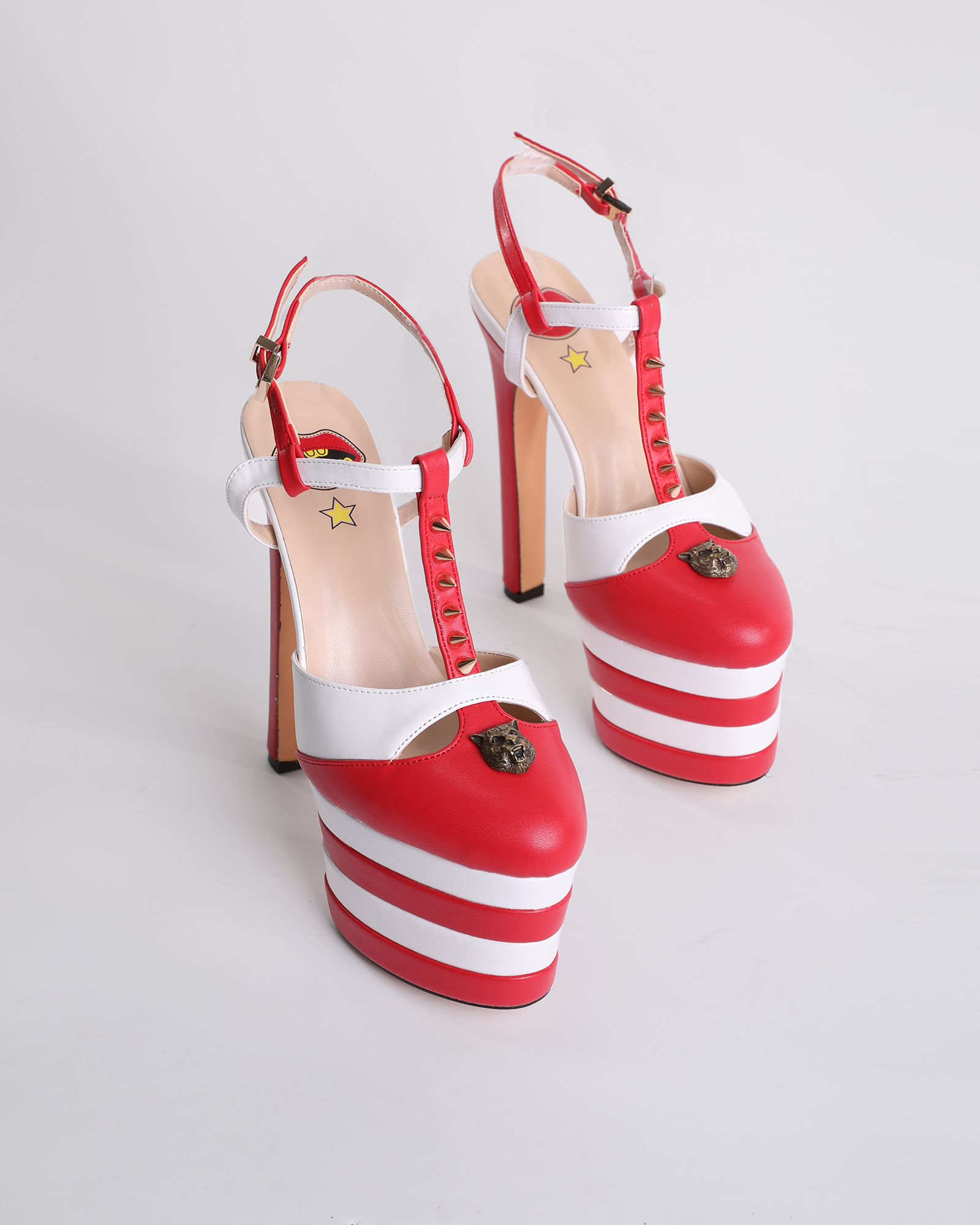 Dionisia Vintage Stripe Rivet Strap Platform Heels In Red