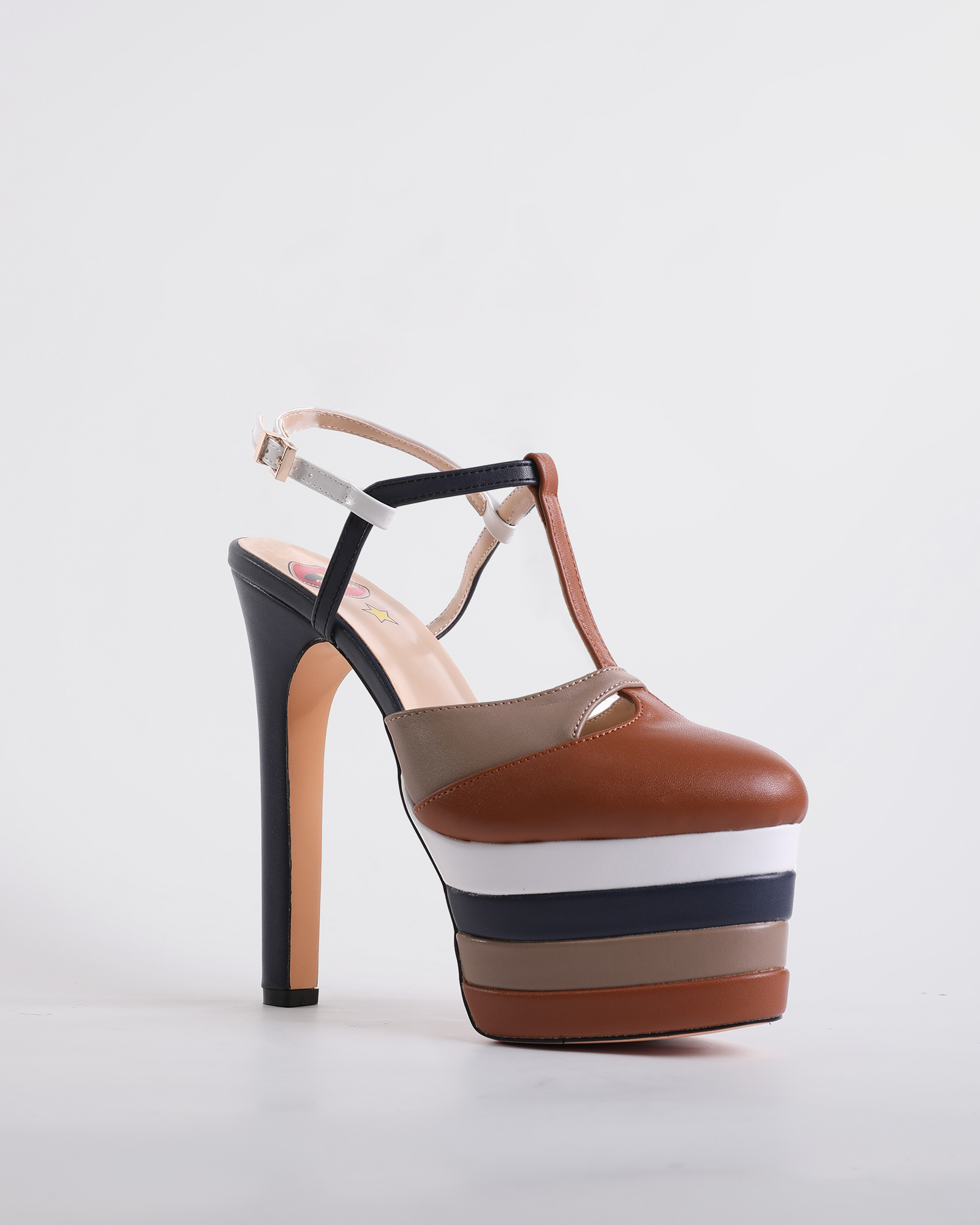 Dionisia Stripe Strap Platform Heels In Brown