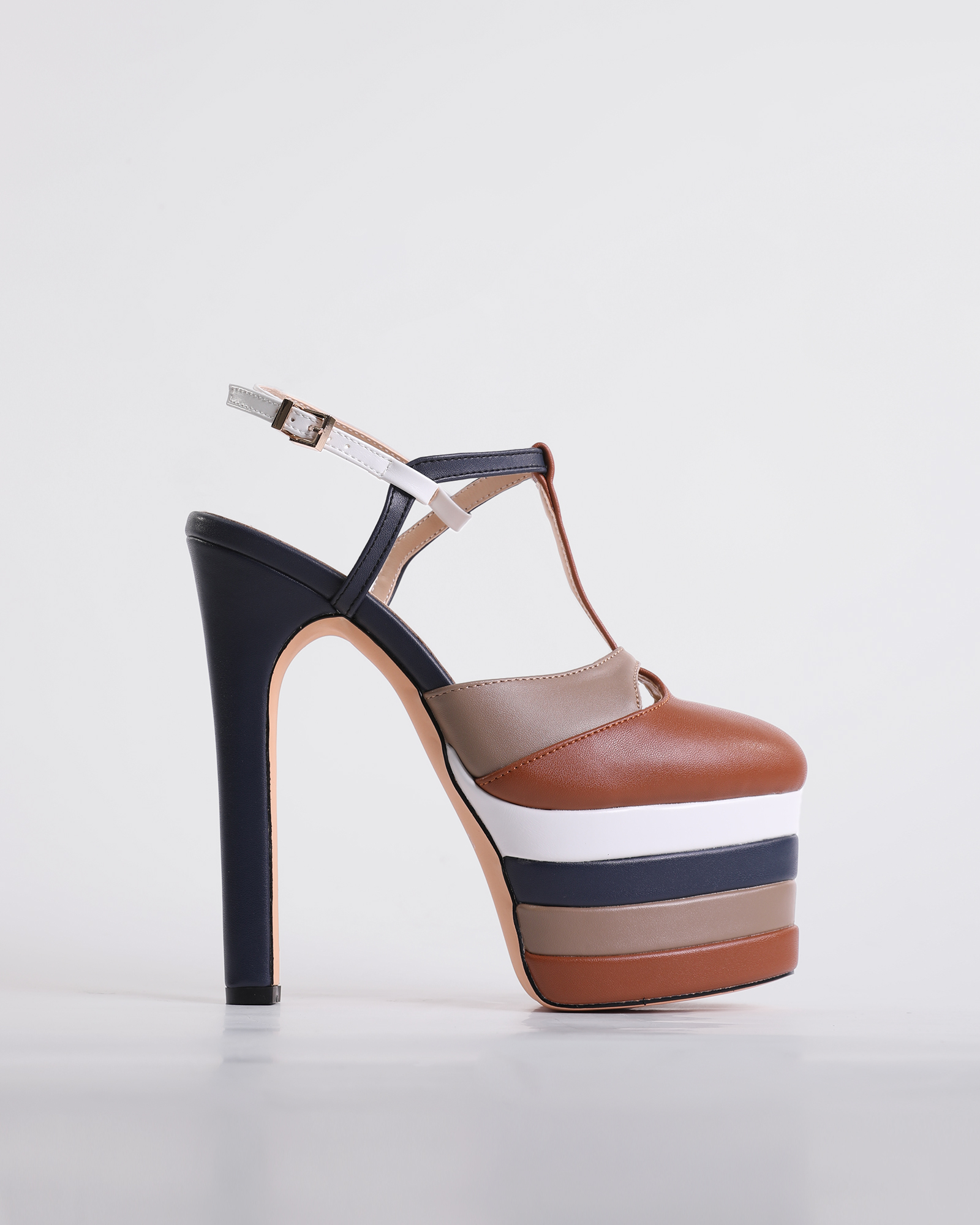 Dionisia Stripe Strap Platform Heels In Brown