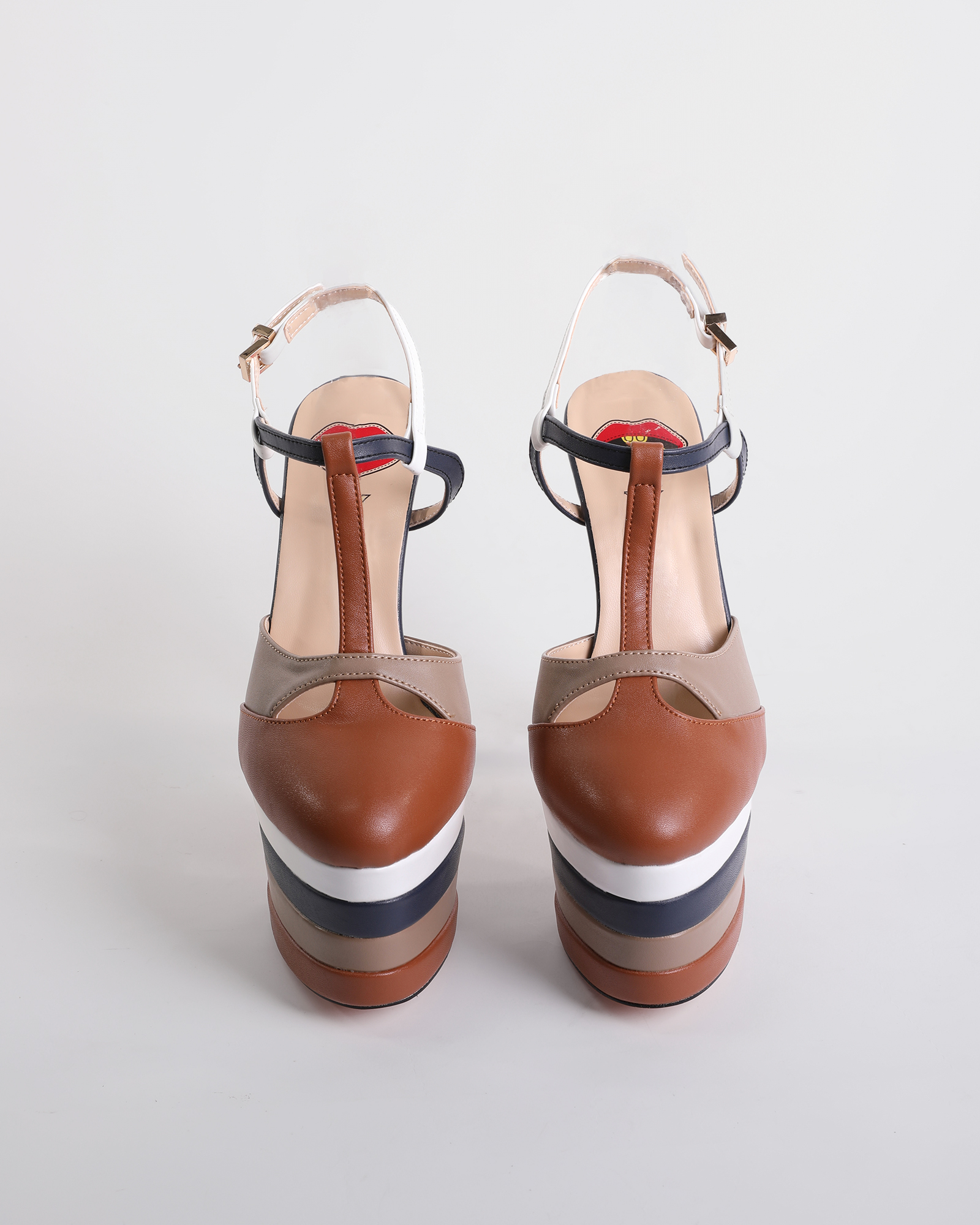 Dionisia Stripe Strap Platform Heels In Brown