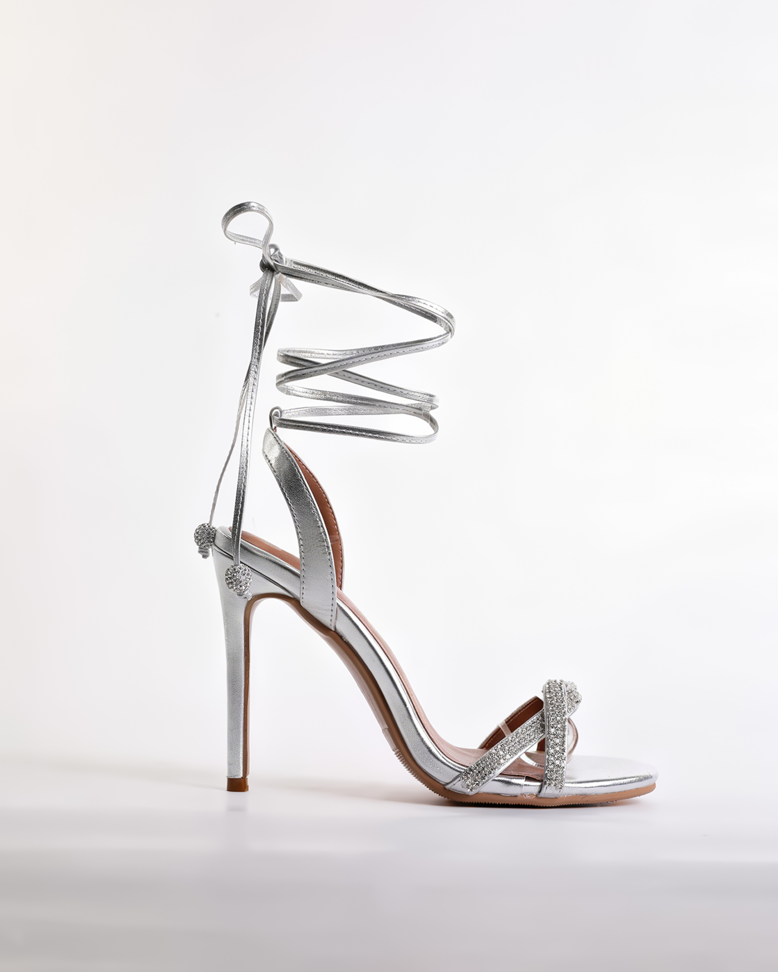 Ayla Rhinestone Lace Up Sandals In Silver