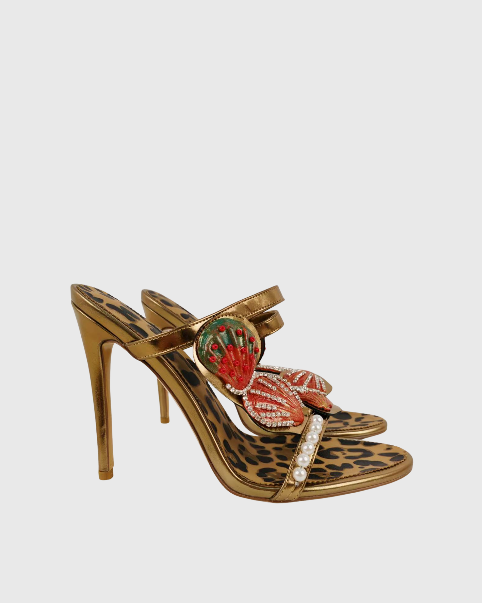 Fadile Shell Pearl Rhinestone Leopard Sandals In Gold