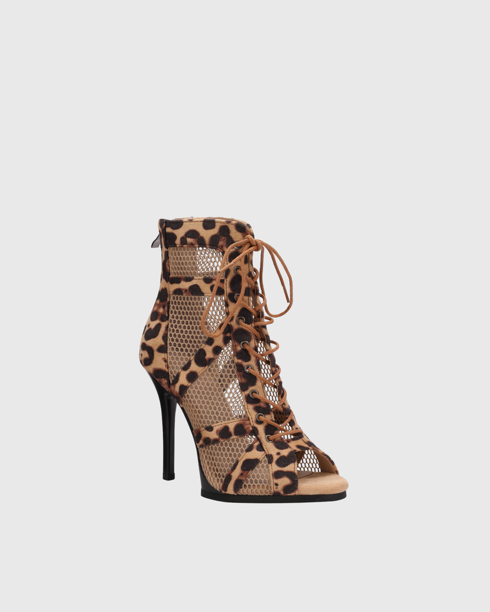 Emilia Mesh Lace Up Open Toe Leoard Print Dance Boots