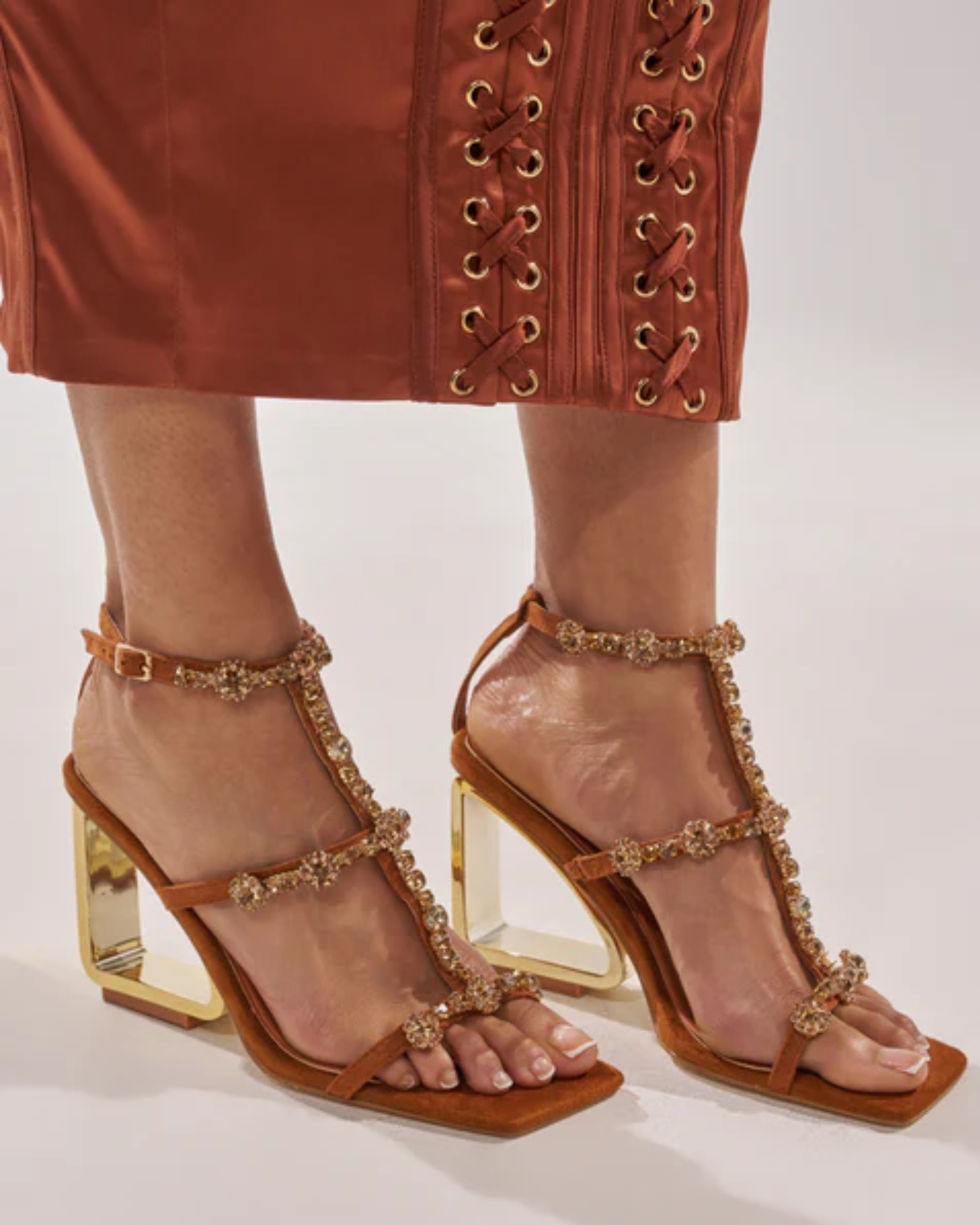 Leah Rhinestone Strap Wedge Sandals In Orange
