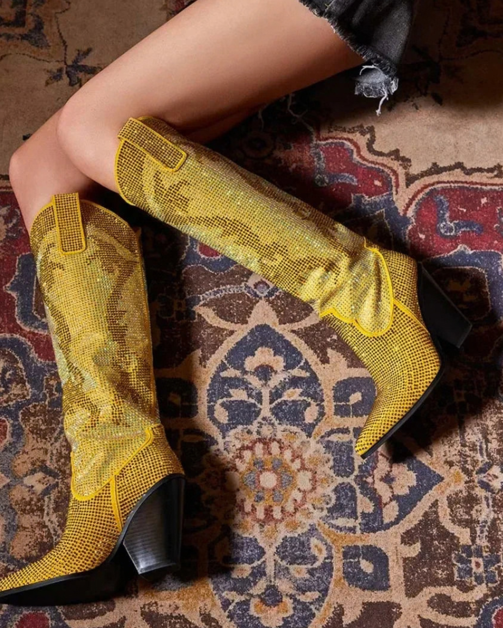 Geger Rhinestone Knee High Cowboy Boots In Gold