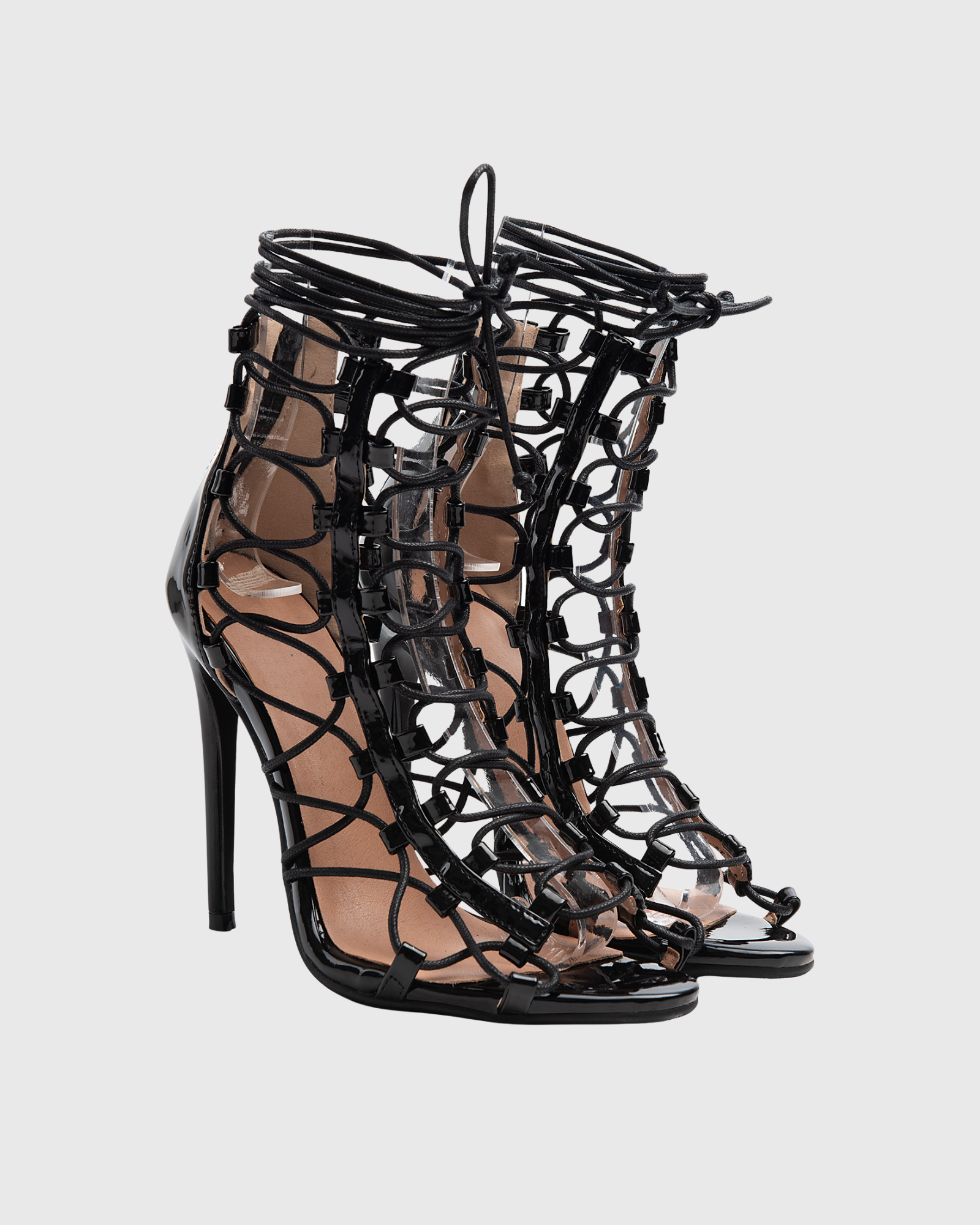 Naja Lace Up Cage High Sandals In Black