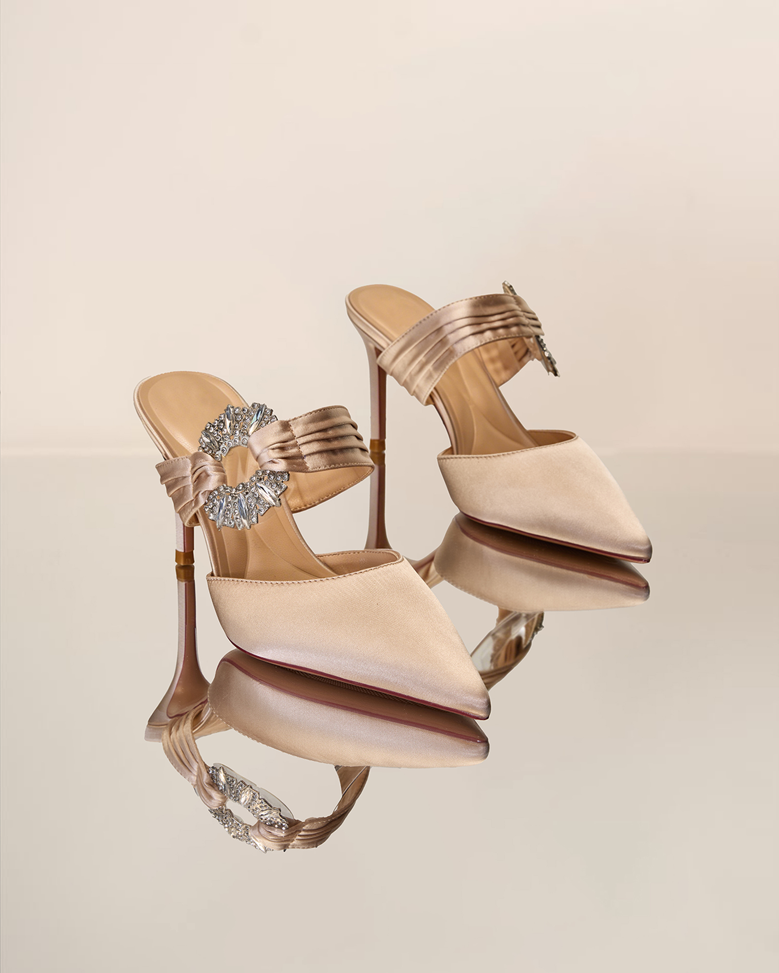 Sasha Diamond Satin Mules In Beige