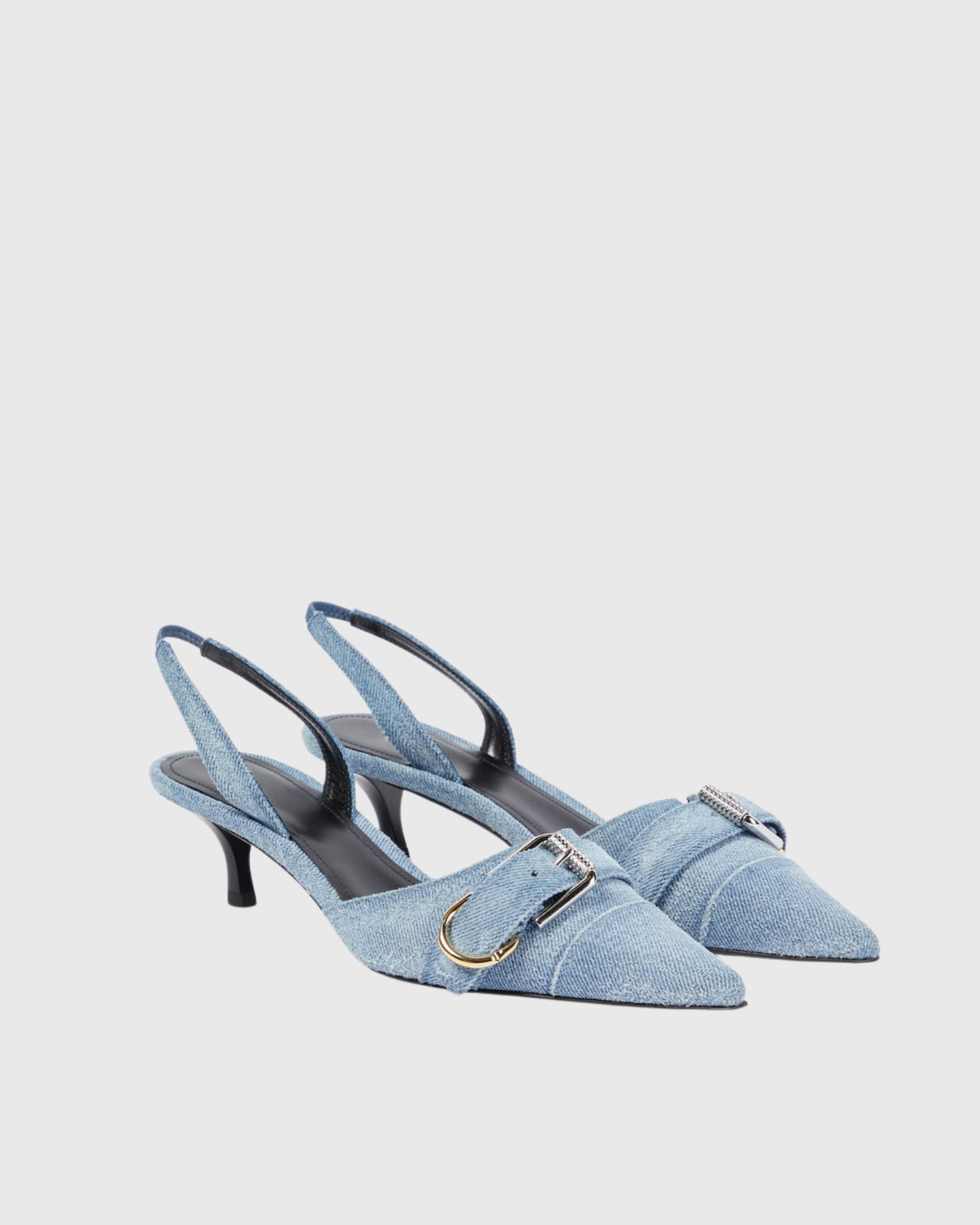 Gwendolyn Denim Buckle Heels In Light Blue