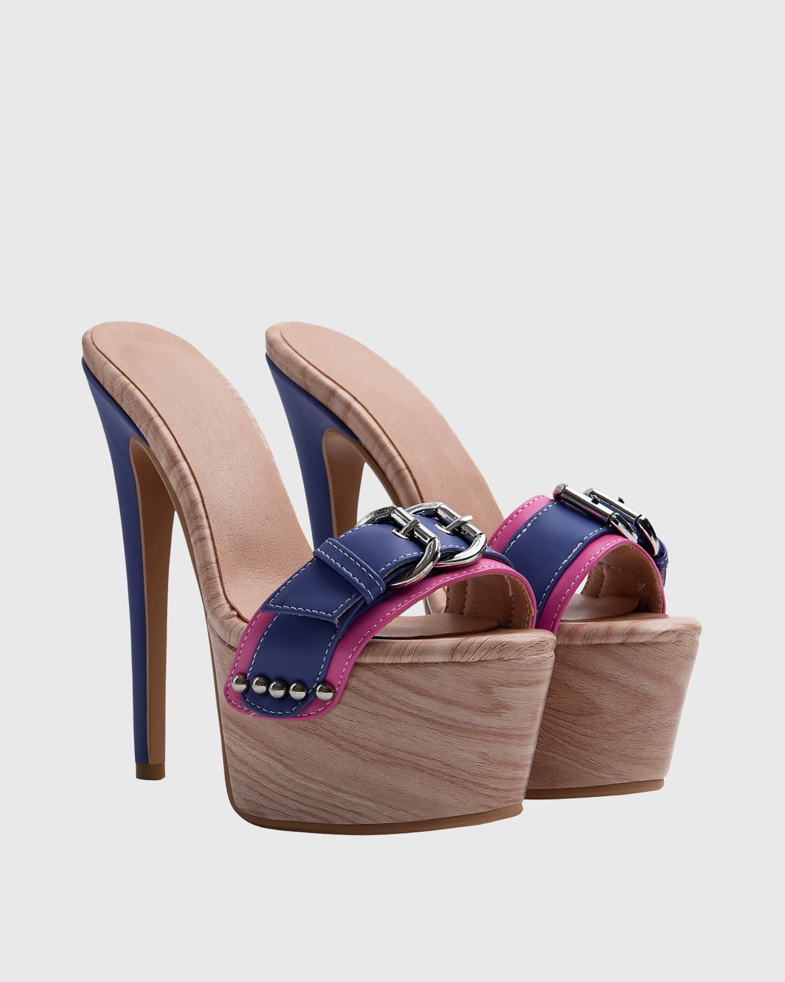 Lesley Buckle Woodgrain Platform Mules
