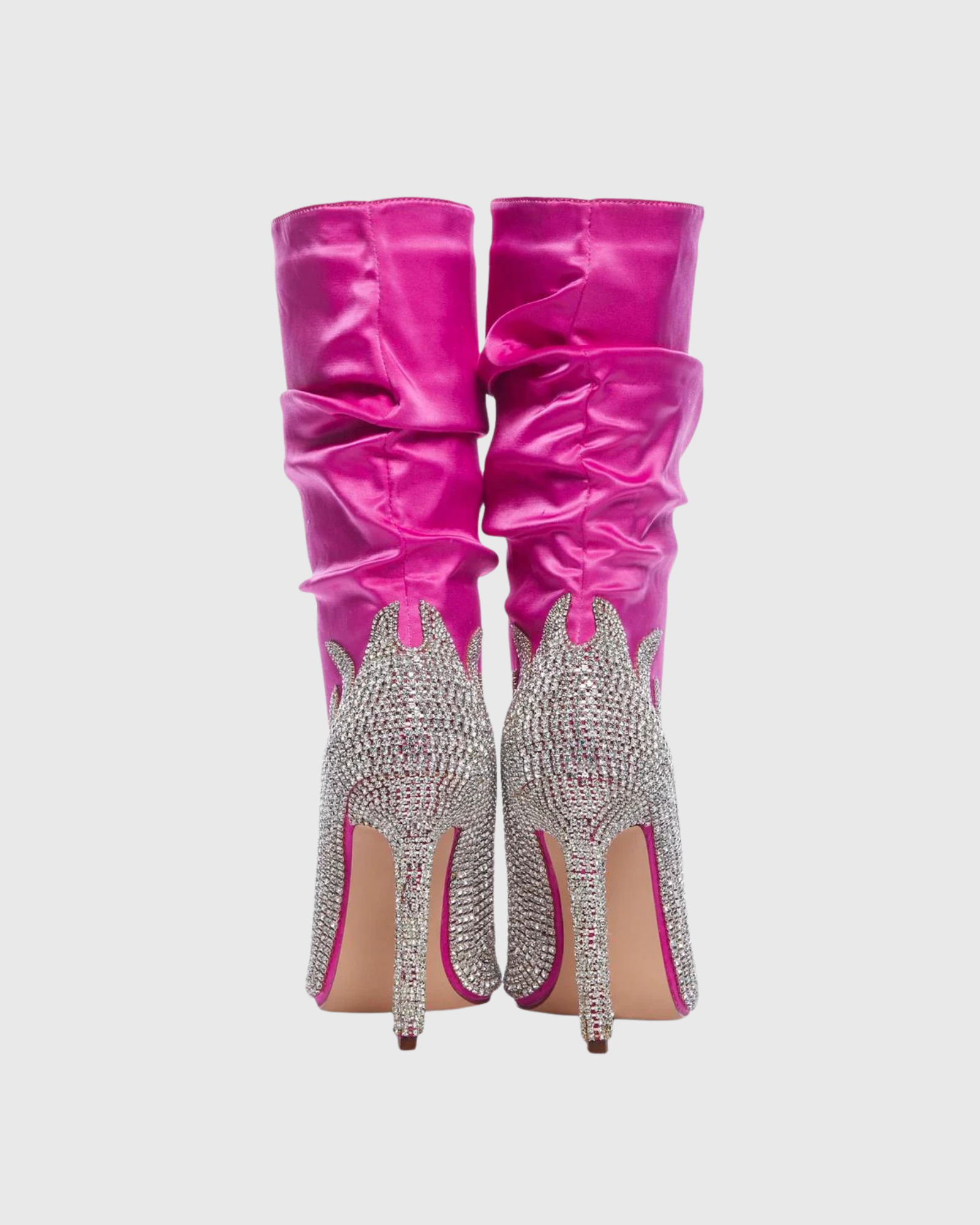 Adanna Satin Rhinestone Mid Calf Boots In Pink