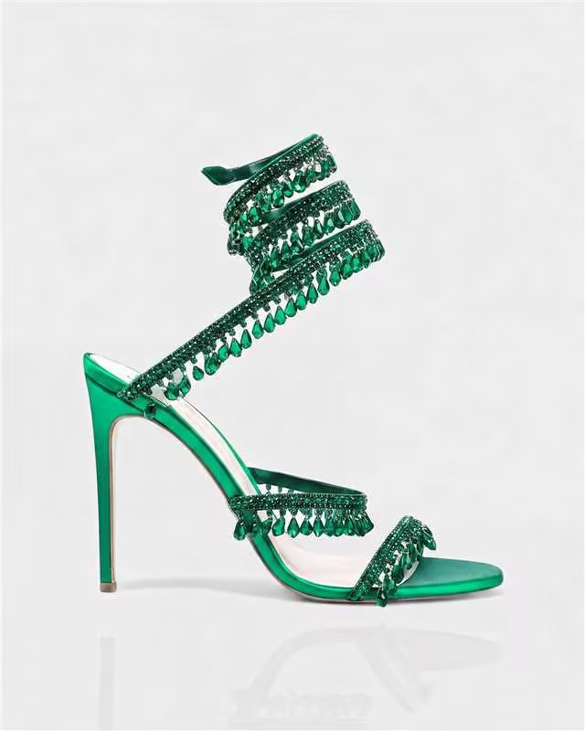 Elisa Diamond Fringe Snake Sandals In Green