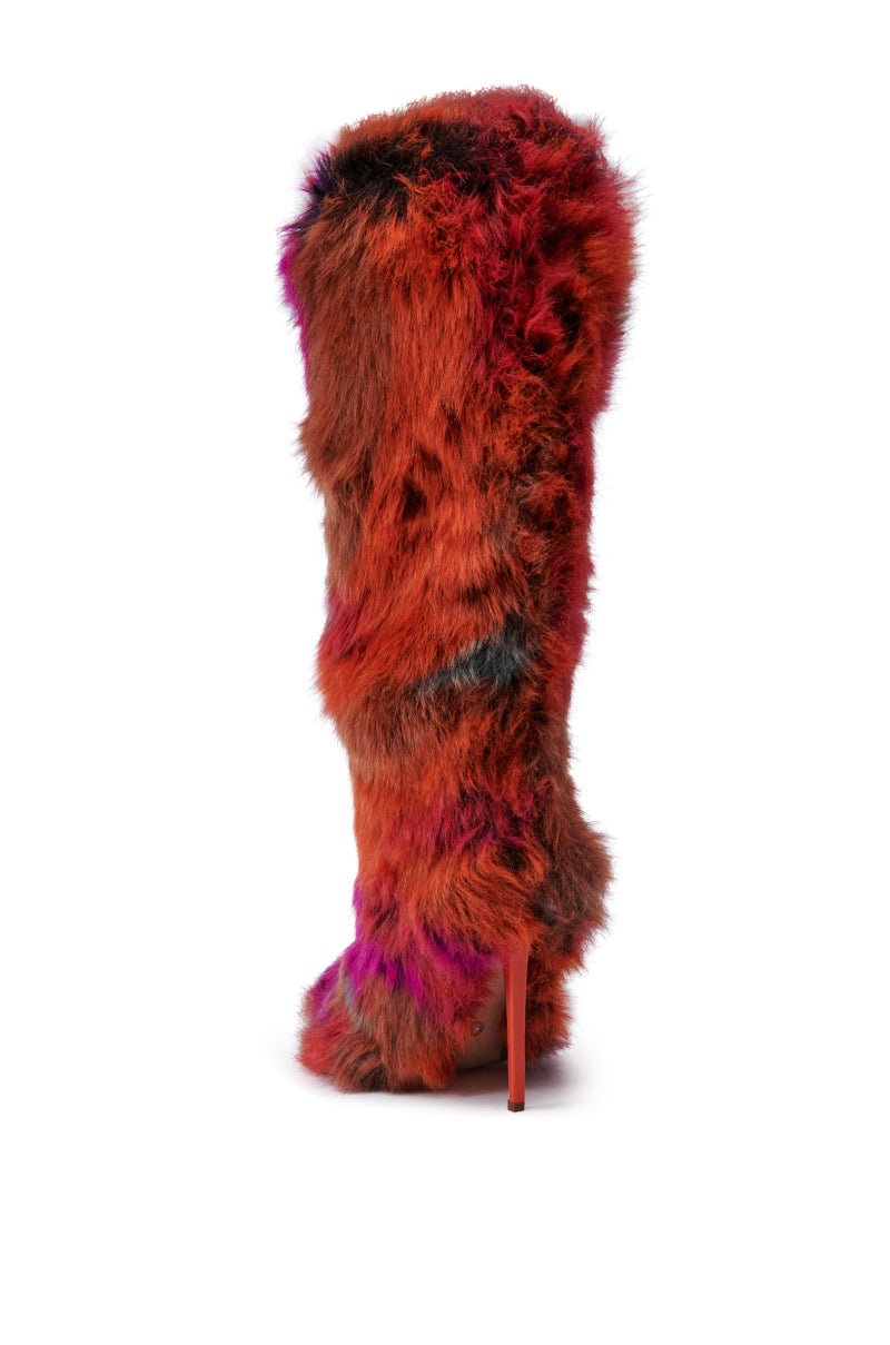 Mazie Faux Fur Knee High Boots In Red