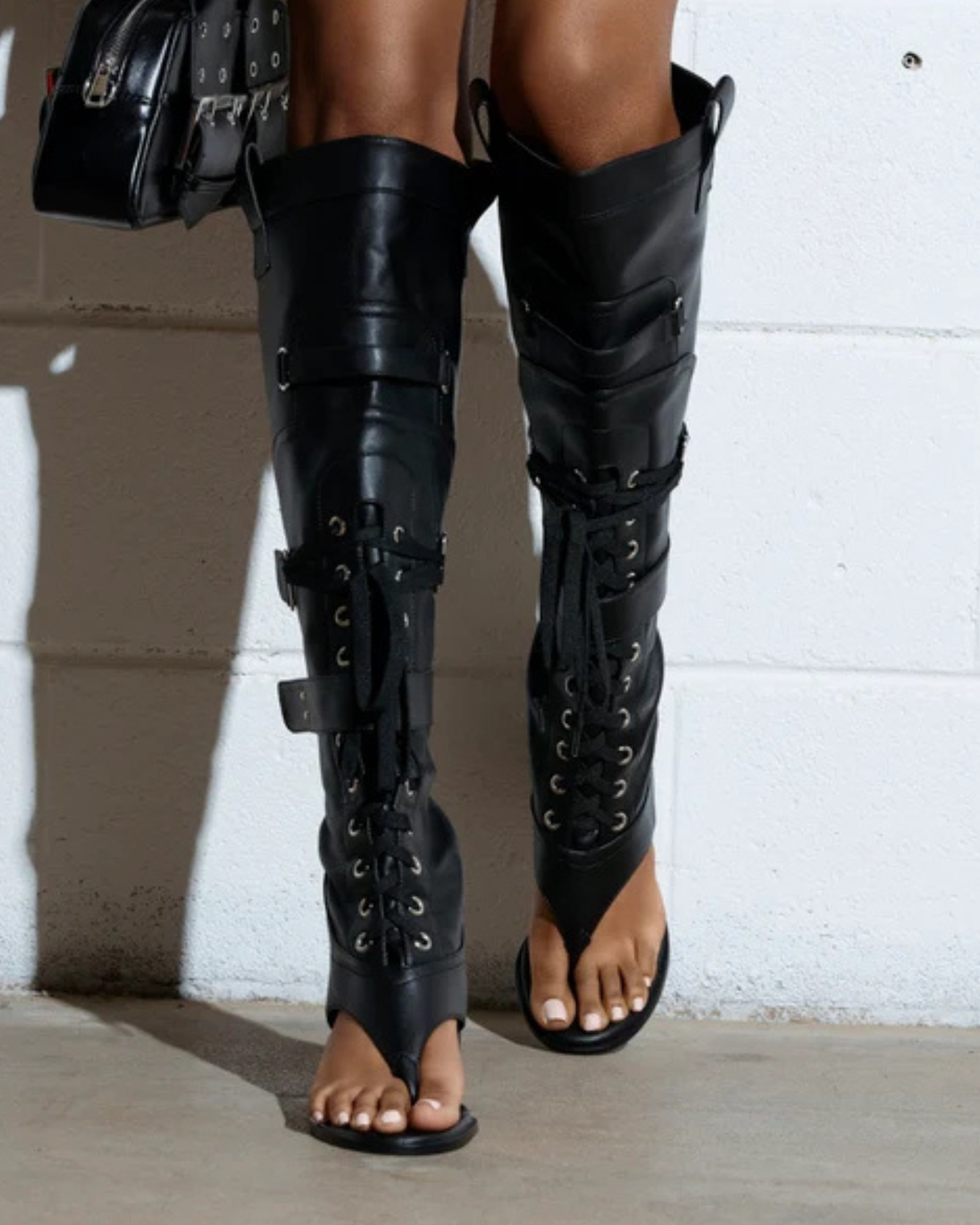Maat Lace Up Thong Boots In All Black