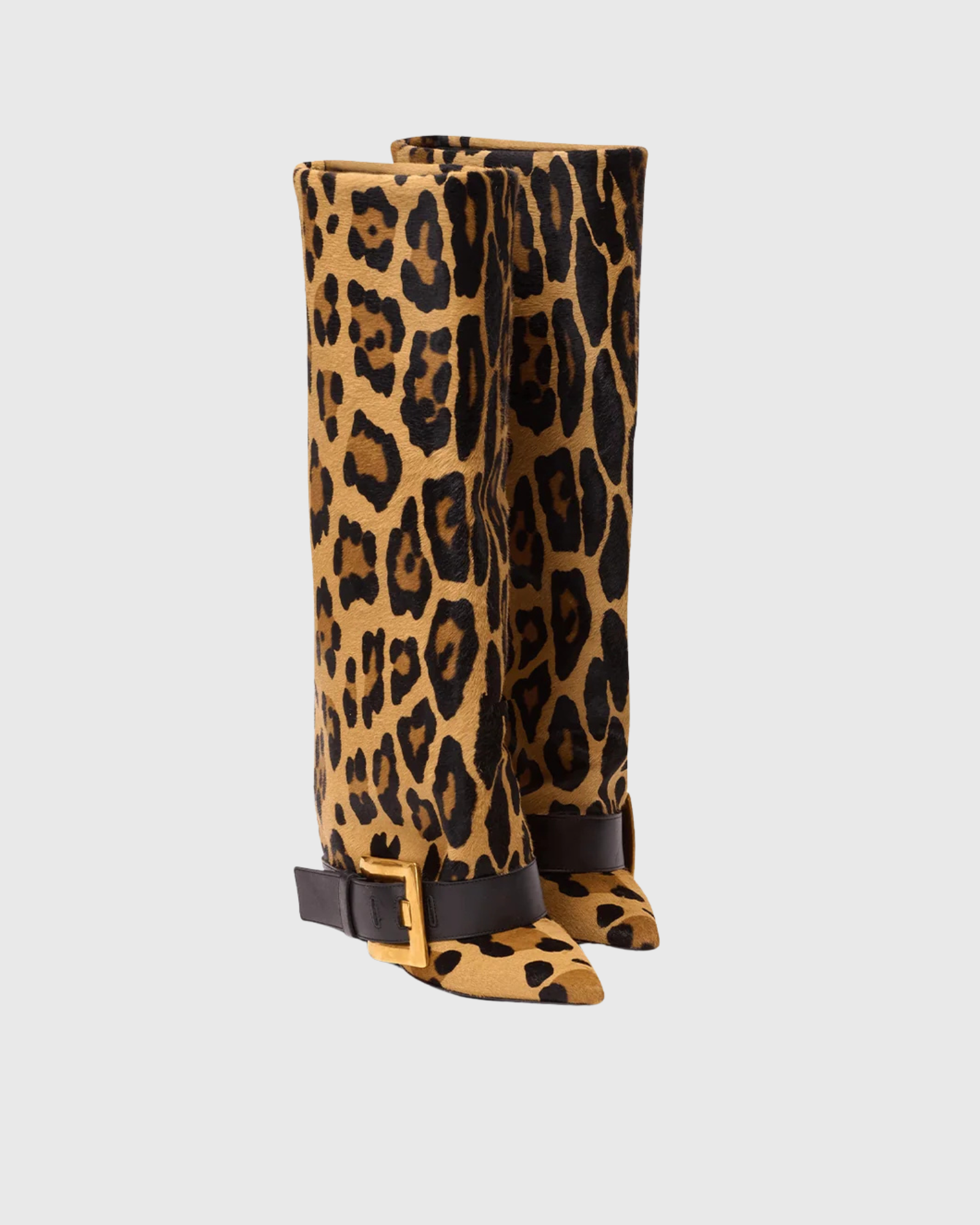 Badriya Leopard Print Buckle Knee High Boots In Black Yellow