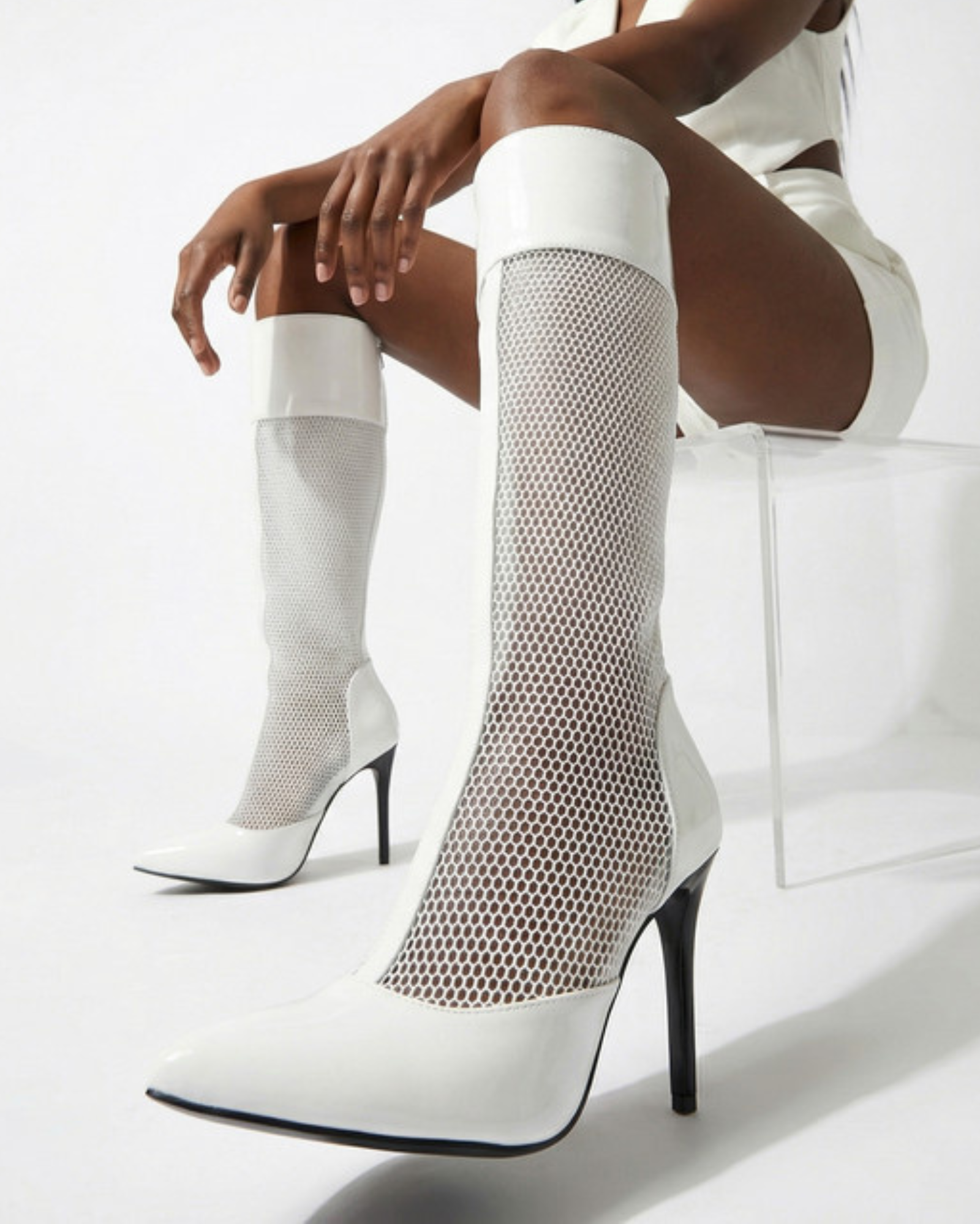 Cloe Fishnet Knee High Boots In White