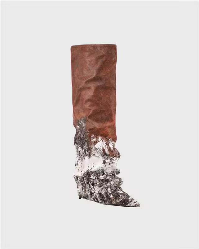 Corinna Print Splicing Knee High Boots In Brown