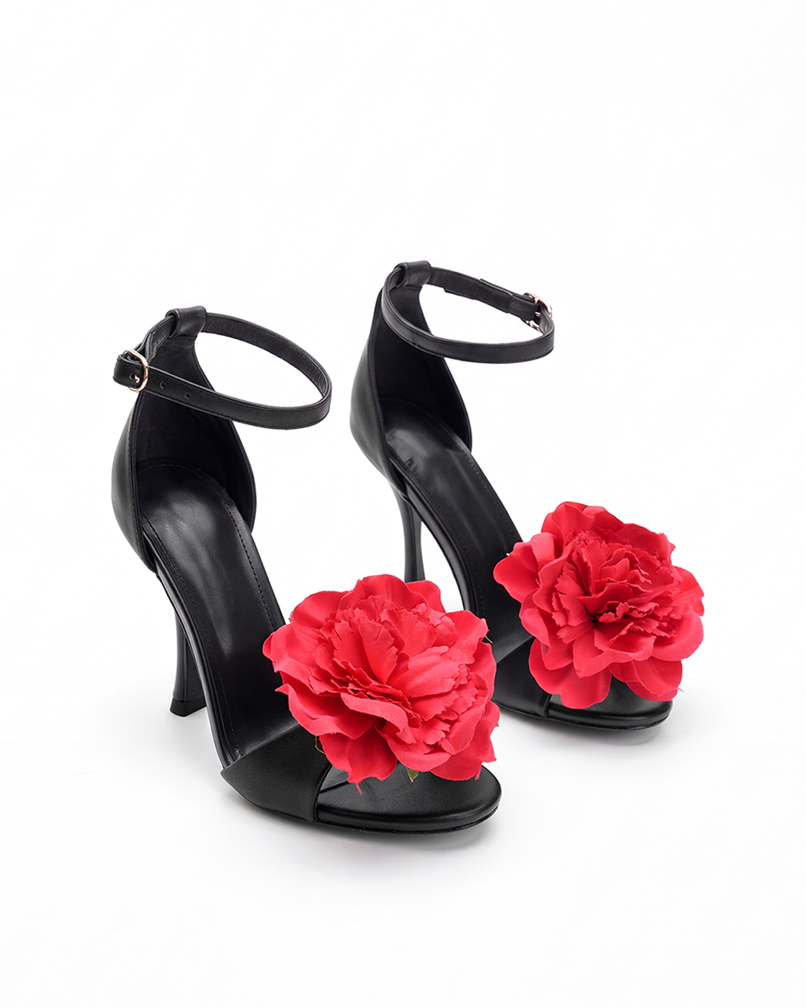 Mai Red Flower Strap Sandals In Black