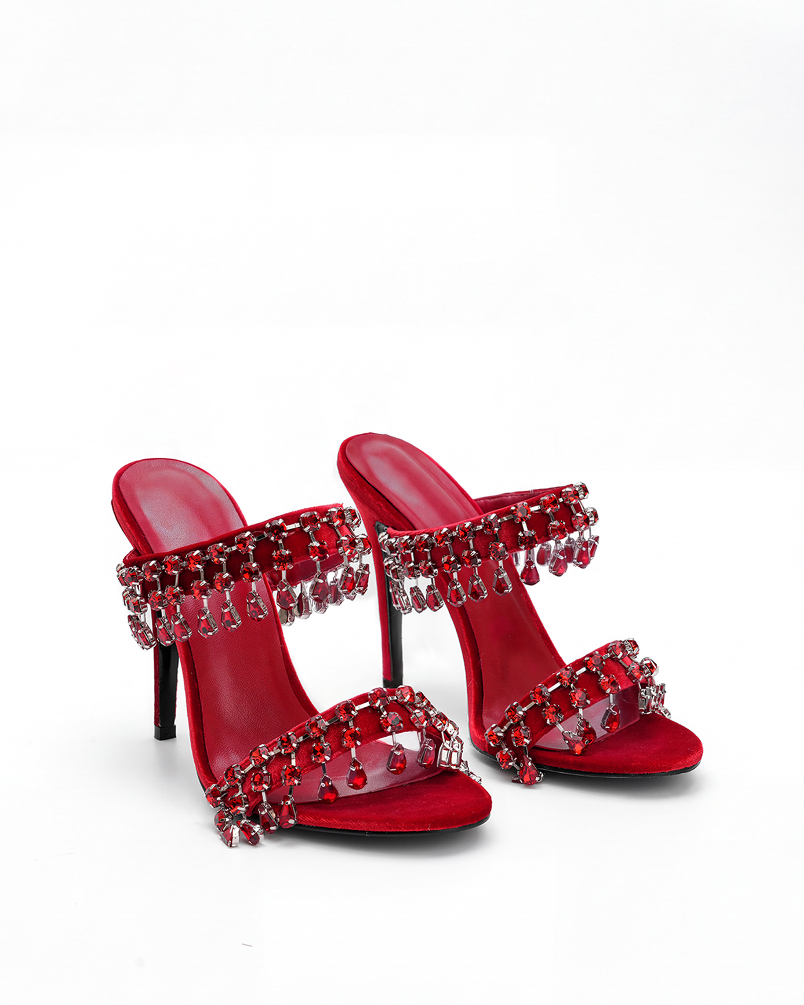 Naama Rhinestone  Strappy Mules In Red