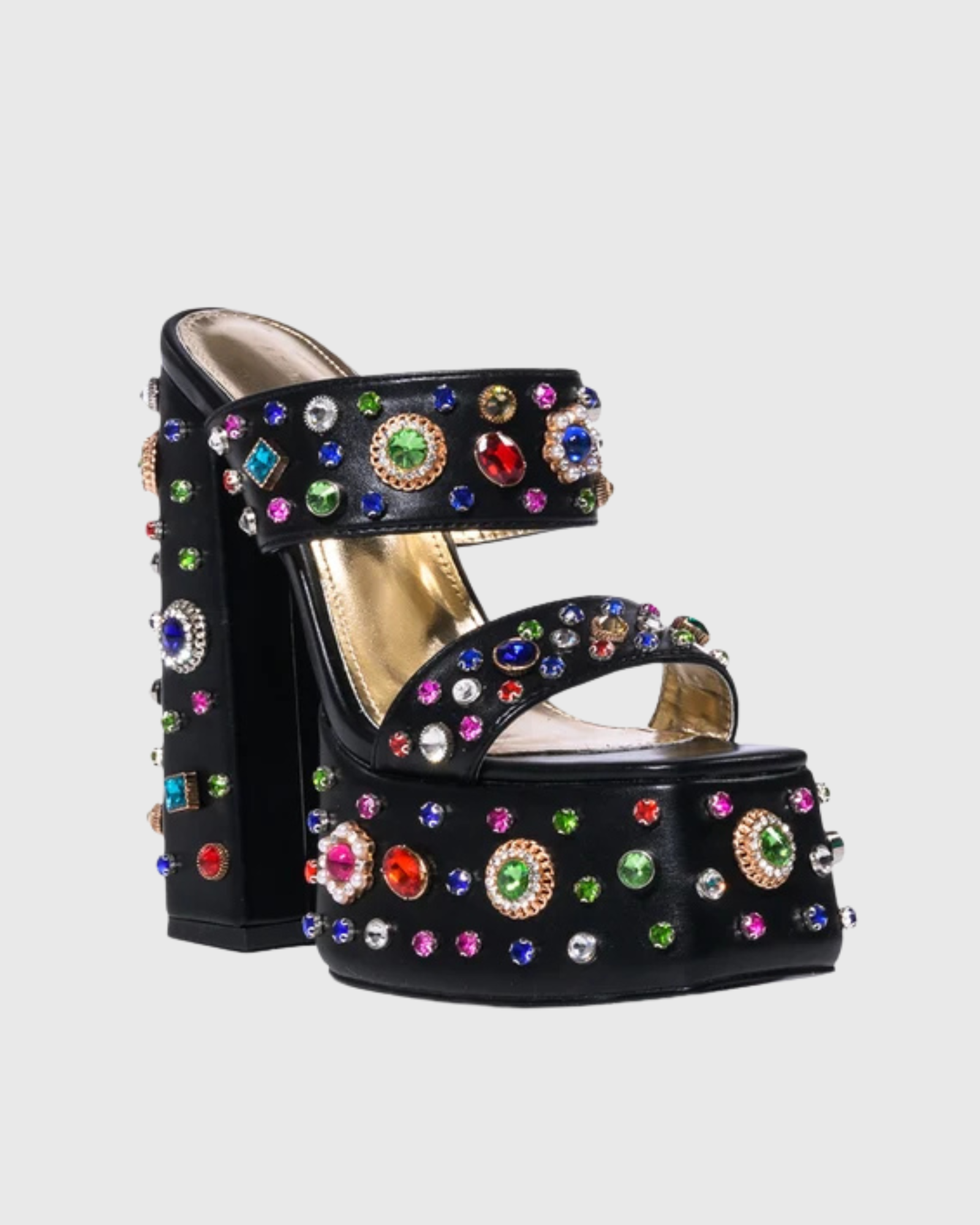 Dia Rhinestone Platform Block Heel Mules In Black