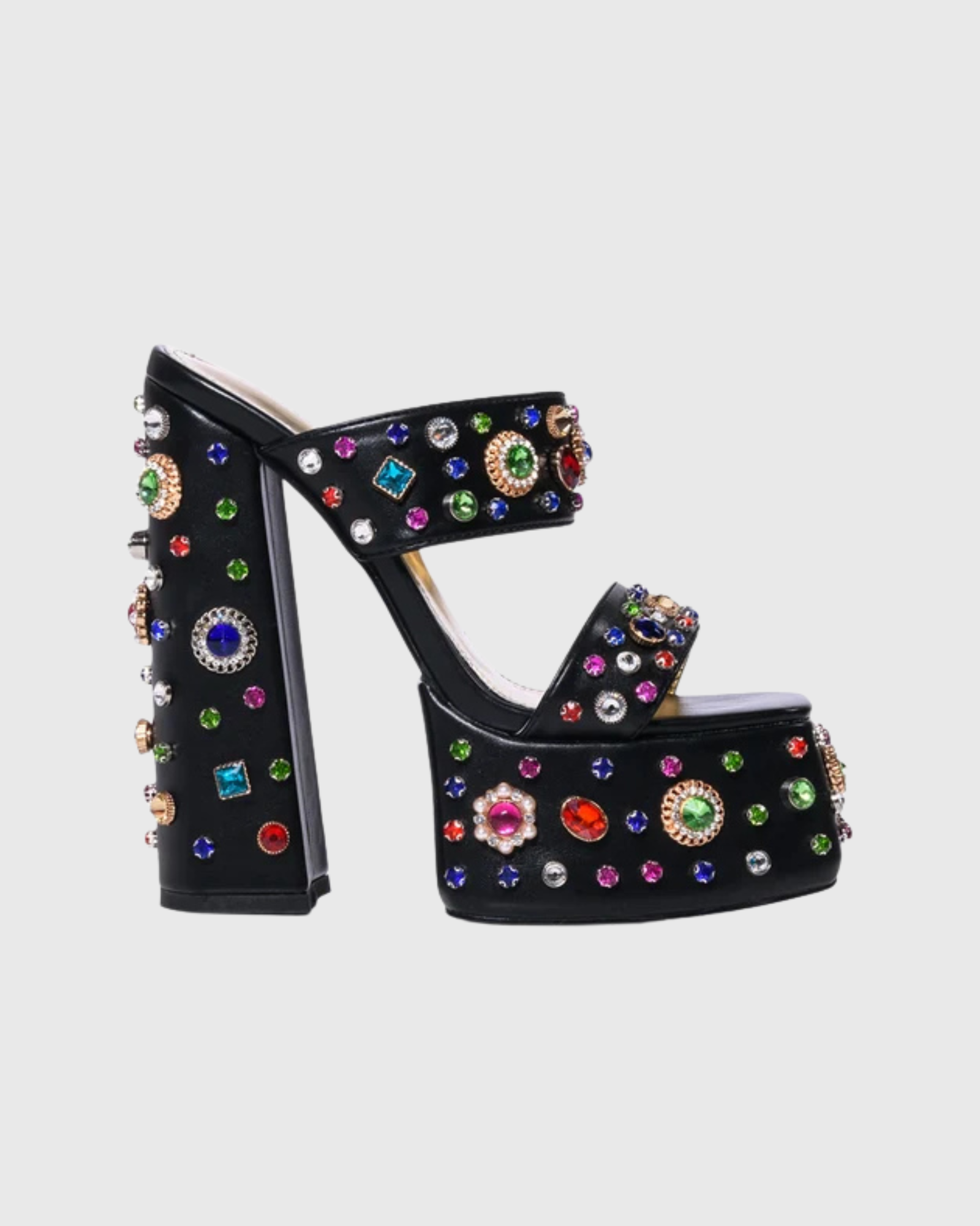 Dia Rhinestone Platform Block Heel Mules In Black