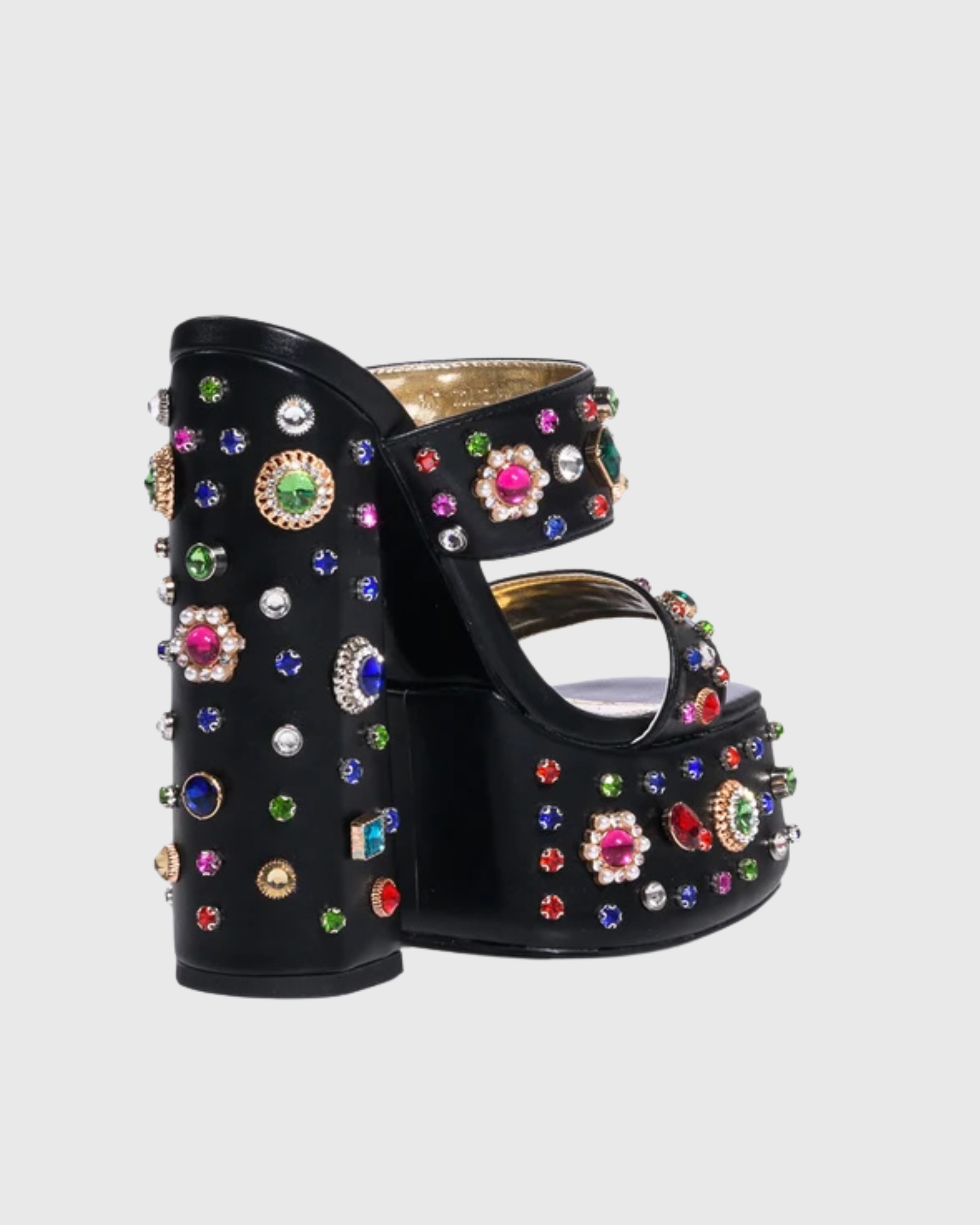 Dia Rhinestone Platform Block Heel Mules In Black