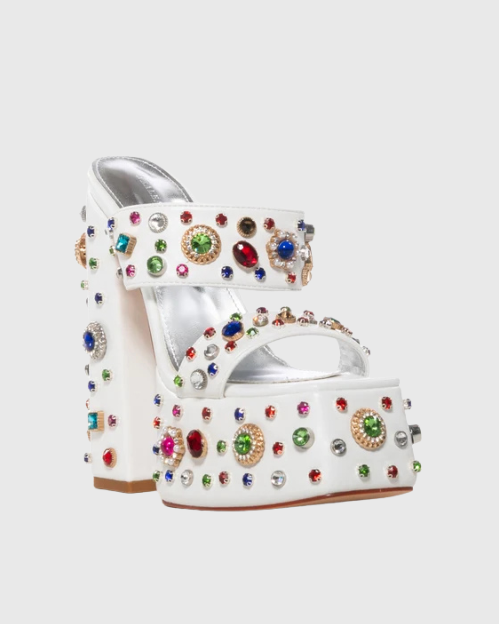 Dia Rhinestone Platform Block Heel Mules In White