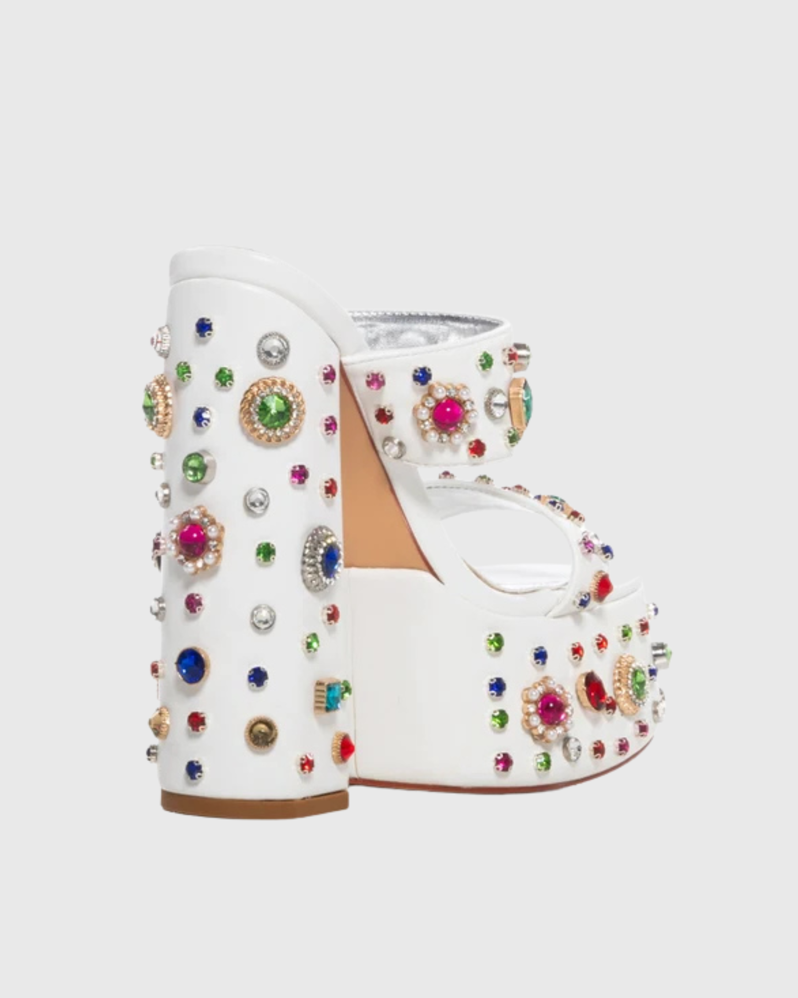 Dia Rhinestone Platform Block Heel Mules In White