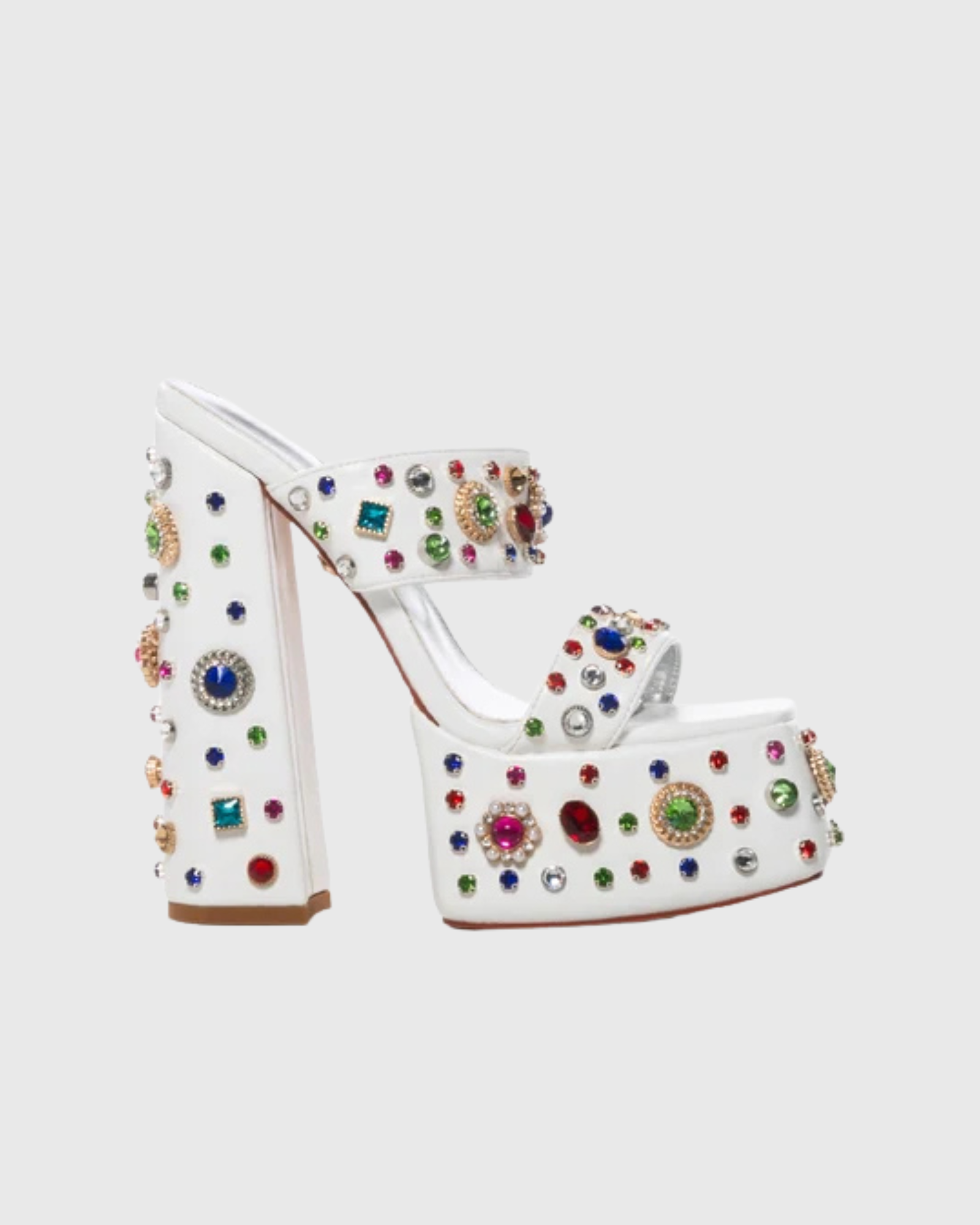 Dia Rhinestone Platform Block Heel Mules In White