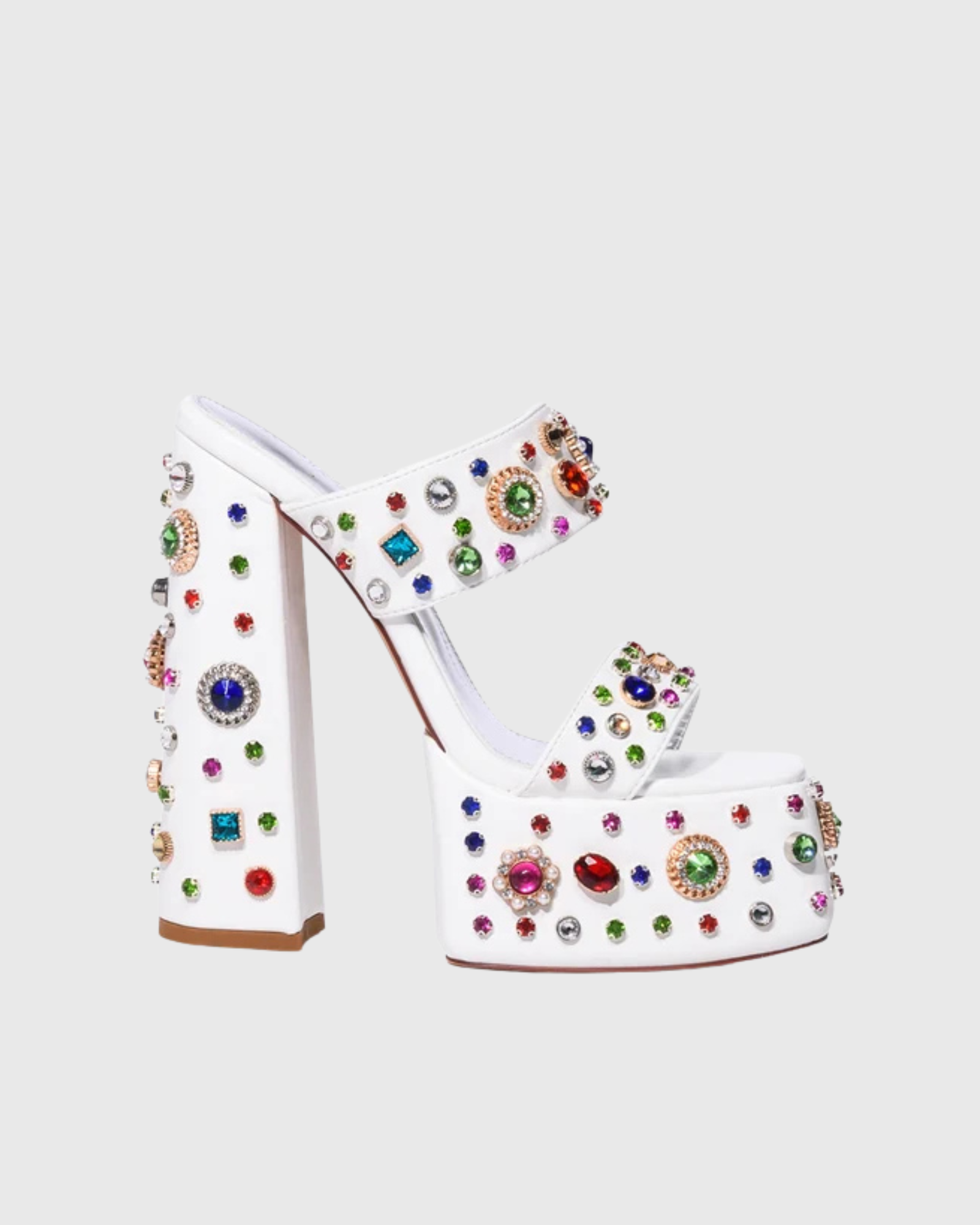Dia Rhinestone Platform Block Heel Mules In White