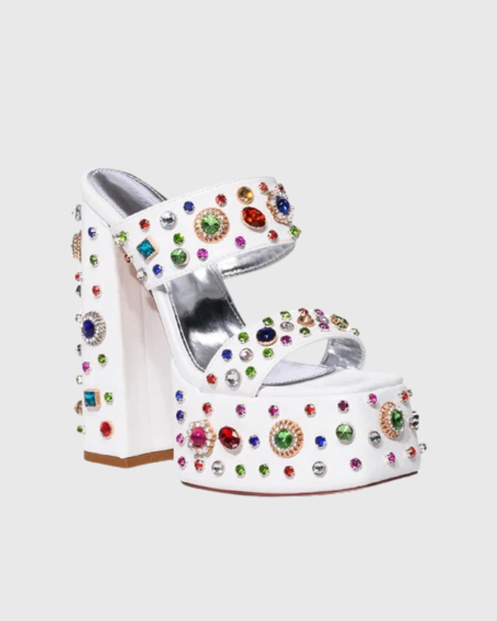 Dia Rhinestone Platform Block Heel Mules In White