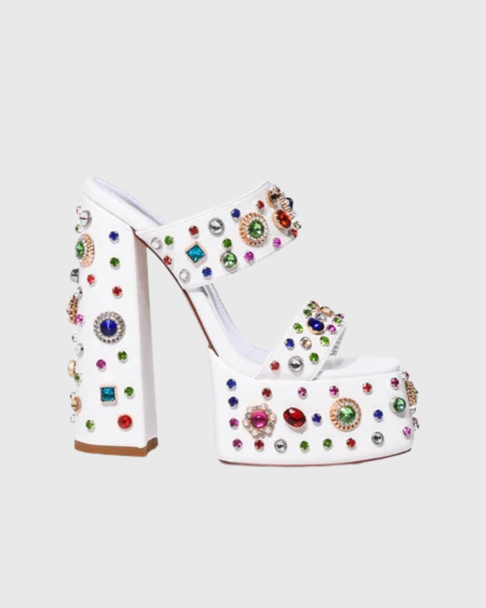 Dia Rhinestone Platform Block Heel Mules In White
