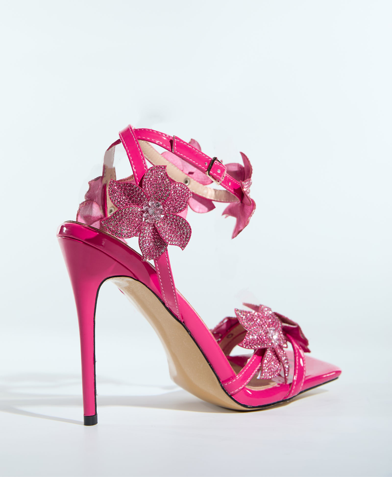 Ester Crystal Flower Strap Sandals In Hot Pink
