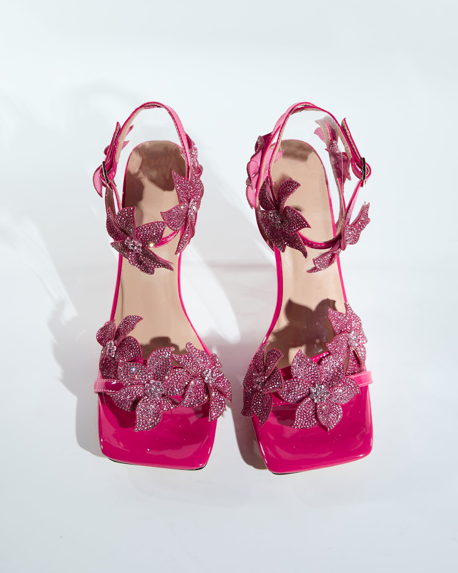 Ester Crystal Flower Strap Sandals In Hot Pink