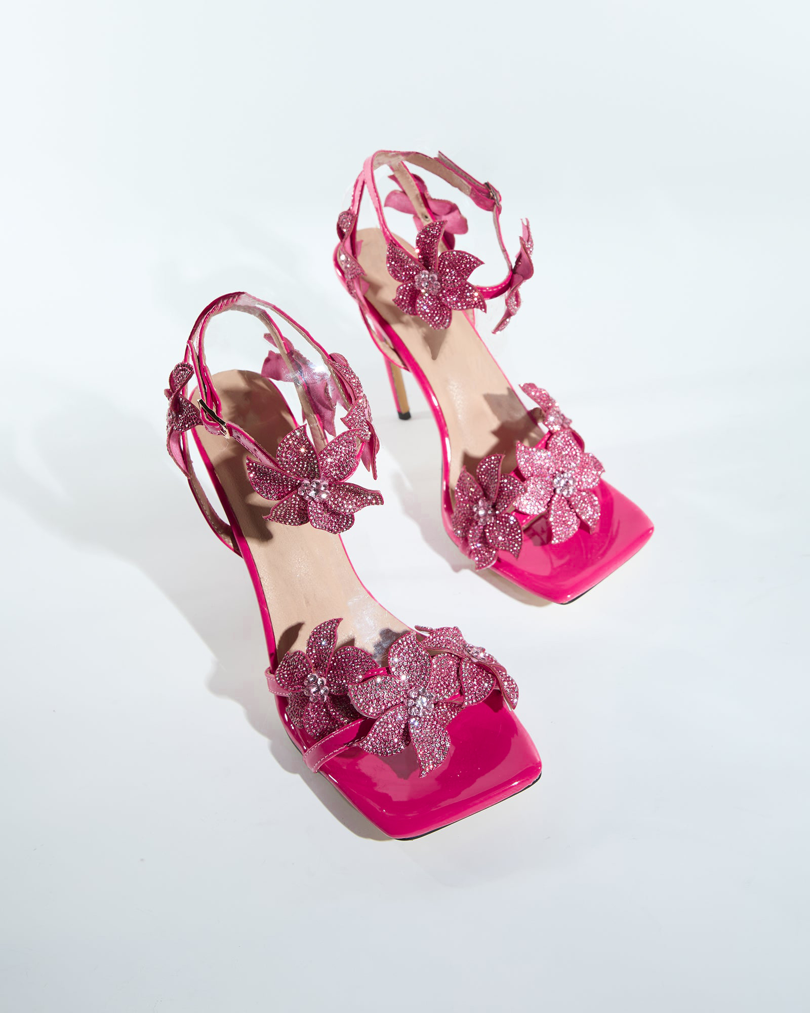 Ester Crystal Flower Strap Sandals In Hot Pink