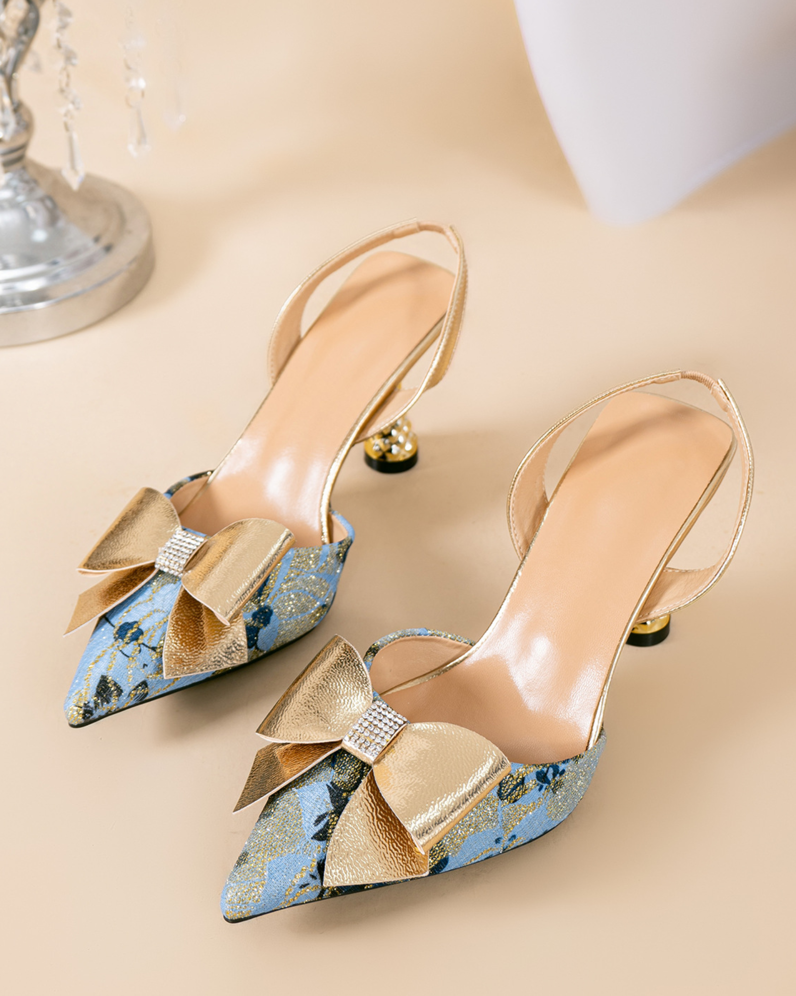 Elena Bow Slingback Flared Heels In Blue