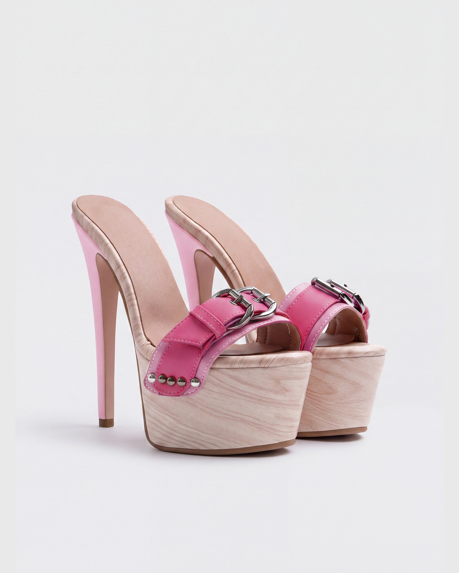 Lesley Buckle Woodgrain Platform Mules In Pink
