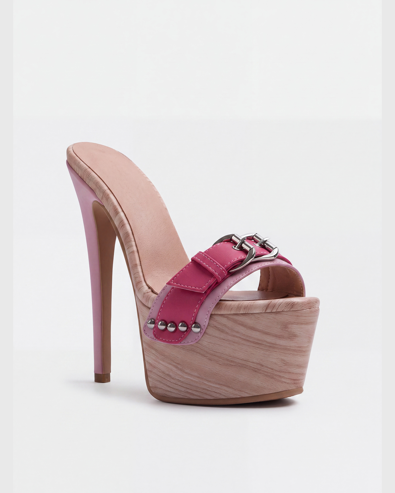 Lesley Buckle Woodgrain Platform Mules In Pink