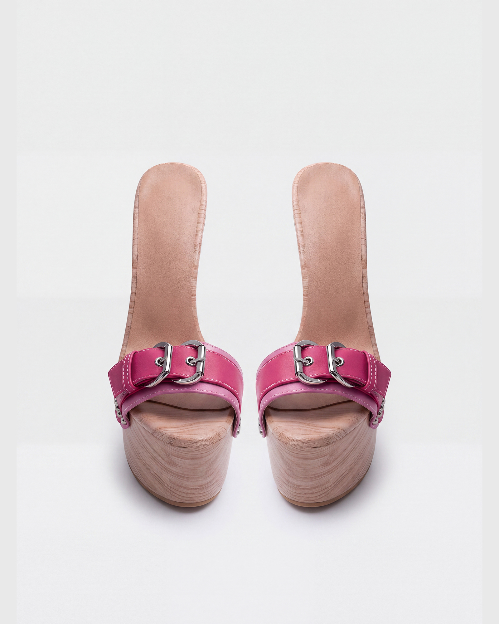 Lesley Buckle Woodgrain Platform Mules In Pink