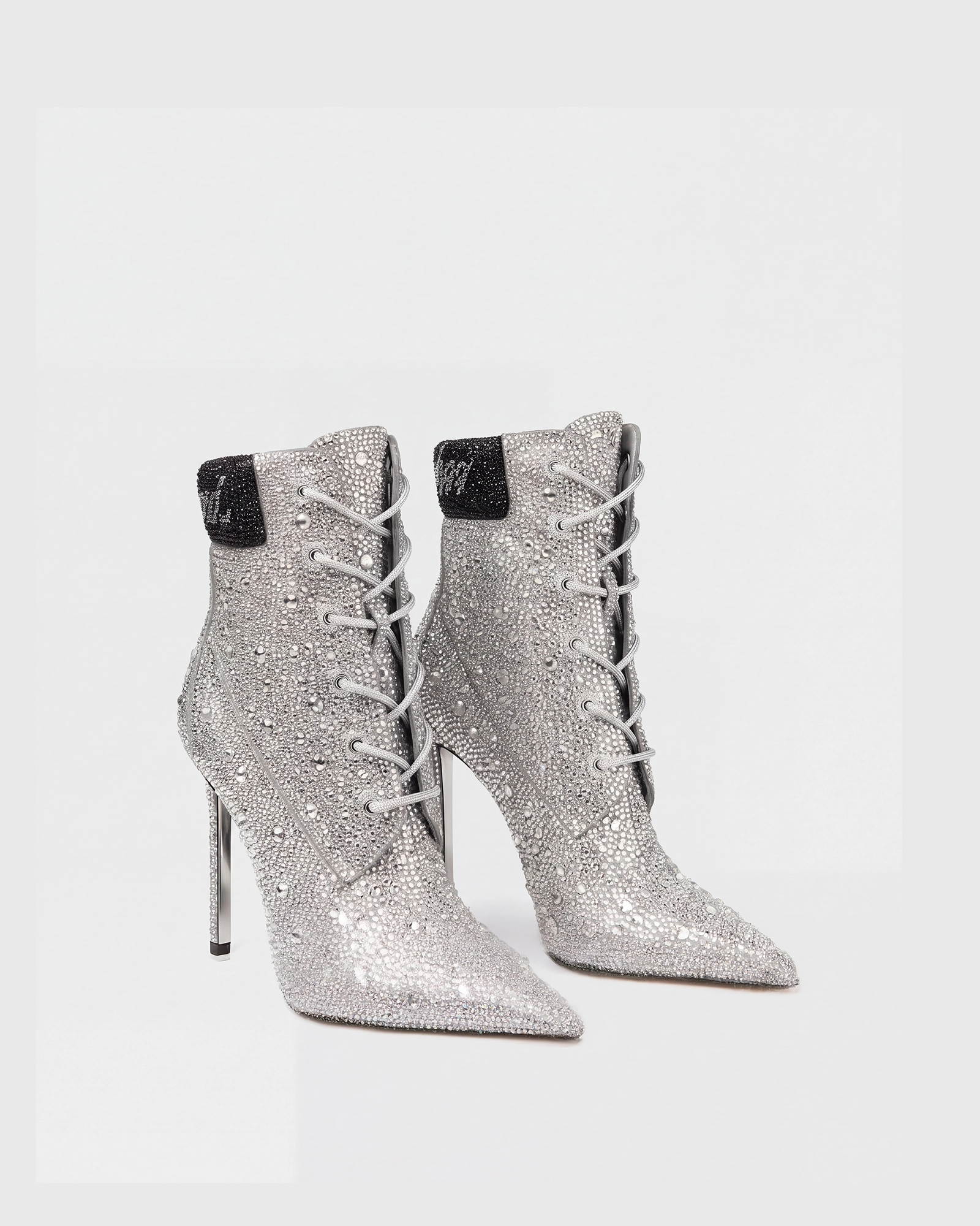 Natale Rhinestone Lace Up Ankle Boots In Sliver