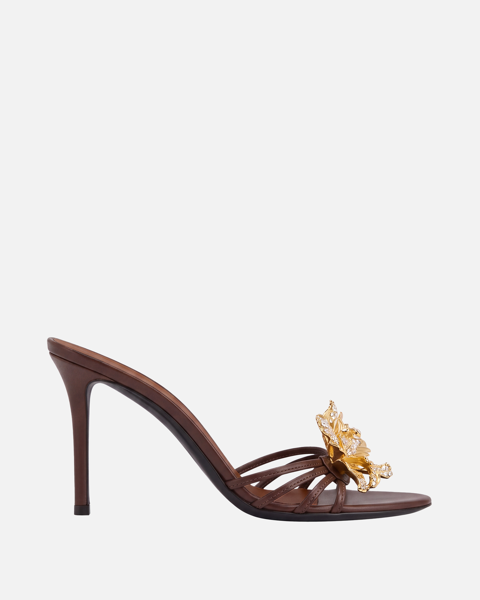 Orle Metal Crystal Flower Mules In Coffee